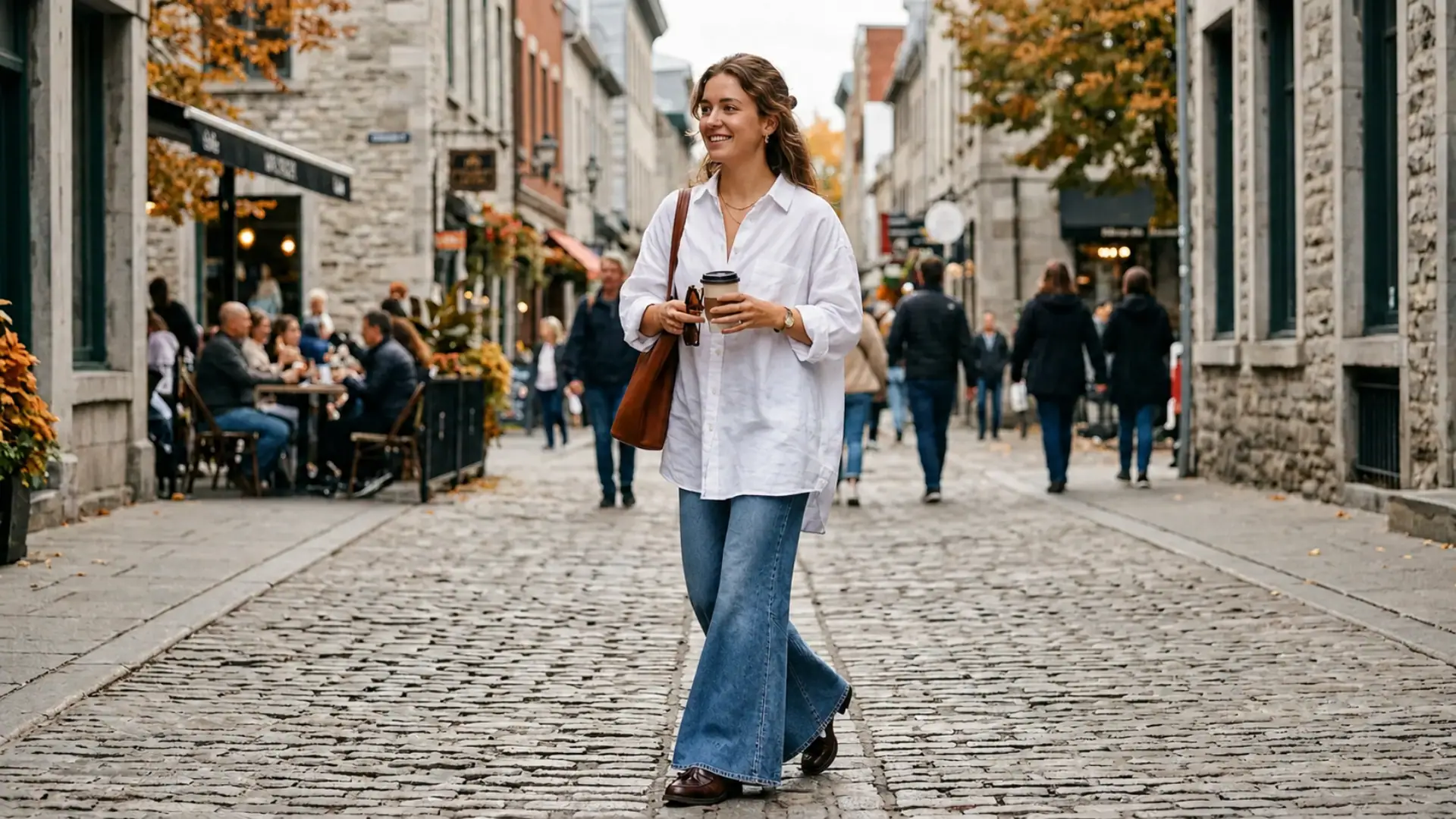 Woman in white oversized shirt and blue flare jeans walking on a cobblestone city street