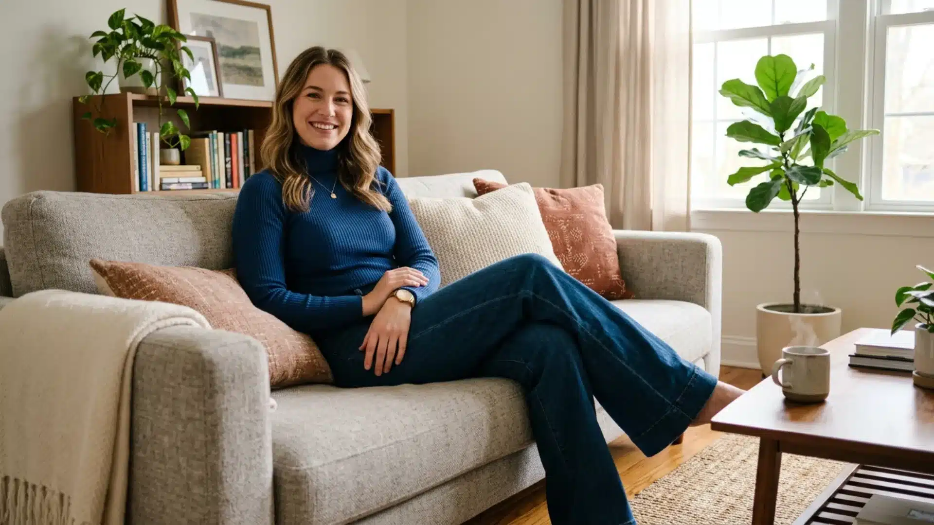 Woman in wide-leg  flare jeans and blue fitted sweater sitting on a cozy sofa in a bright living room
