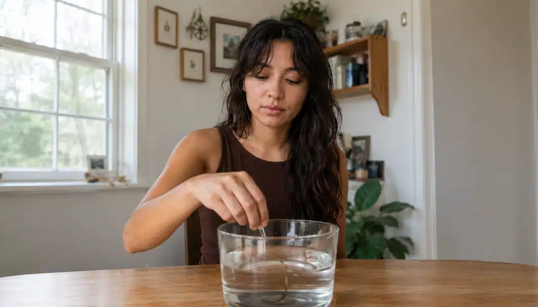 Woman placing a hair strand into a glass bowl of water for a simple at-home frizz and porosity test