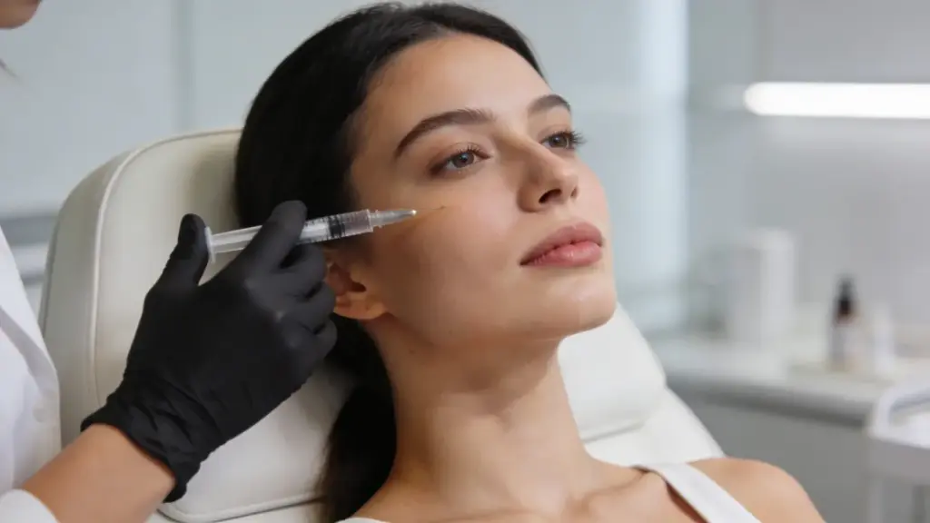 Woman receiving facial filler injection on cheek by practitioner wearing gloves in cosmetic clinic