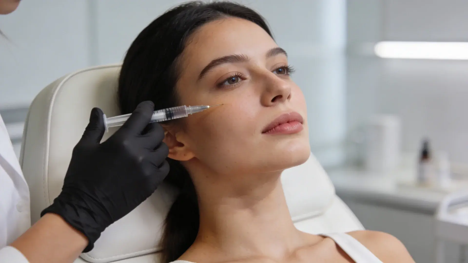Woman receiving facial filler injection on cheek by practitioner wearing gloves in cosmetic clinic