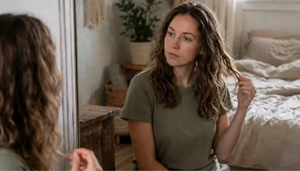 Woman reviewing her natural hair texture in a slightly marked mirror with an unmade bed in the background
