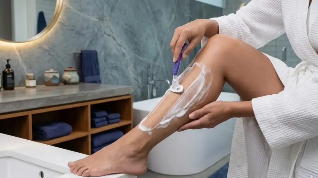 Woman shaving legs with razor while sitting on bench applying shaving cream for smooth skin hair removal routine