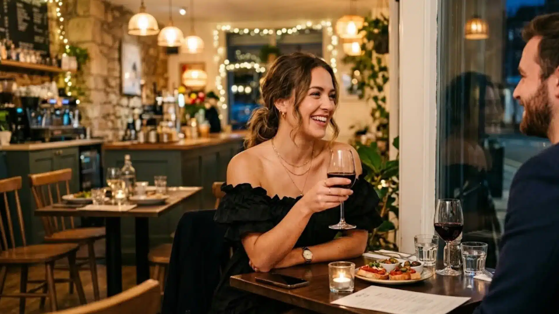Woman smiling during dinner date at cozy London restaurant wearing elegant black off shoulder evening outfit