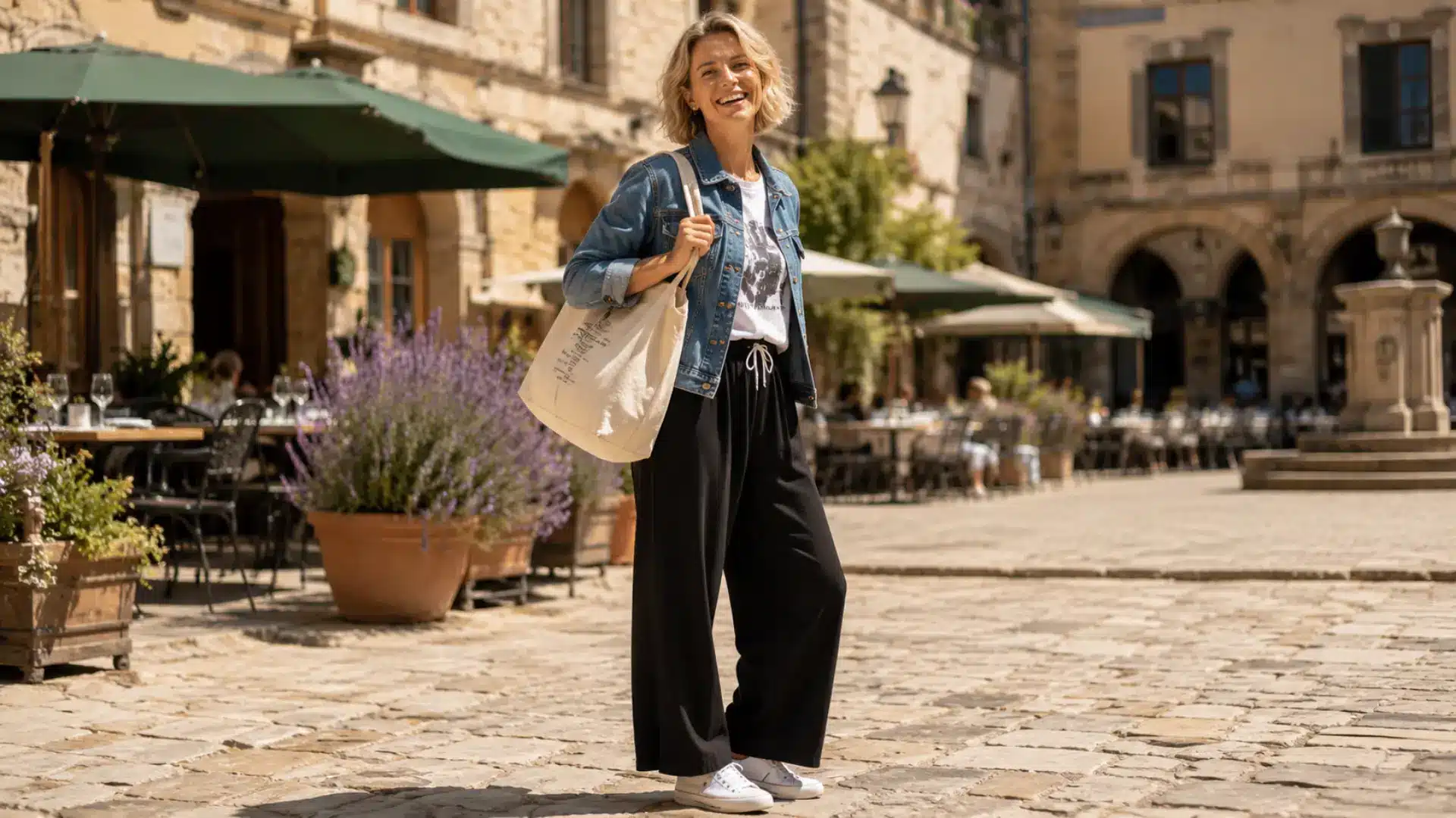 Woman styling black pants with a denim jacket, graphic tee, tote bag, and white sneakers