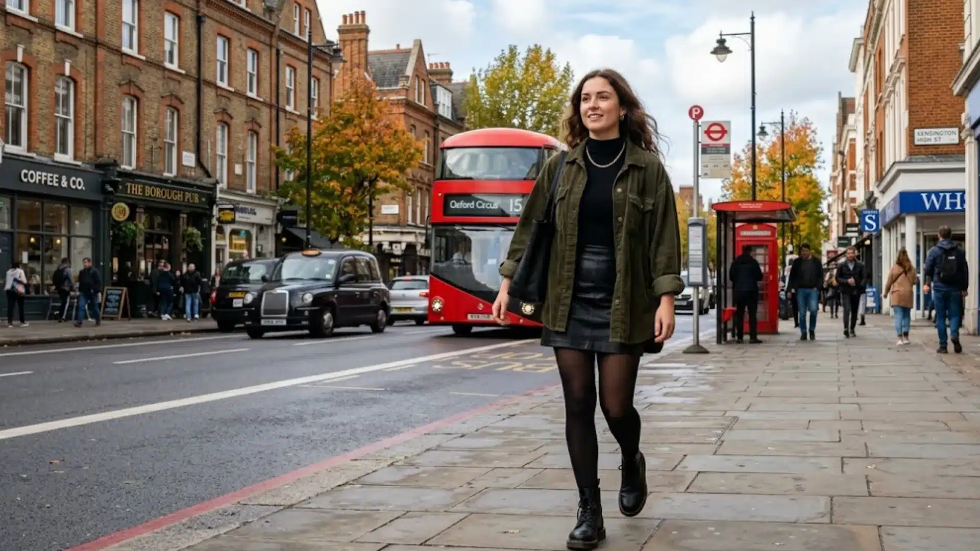 Woman walking in London street wearing layered outfit with boots near iconic red double decker bus