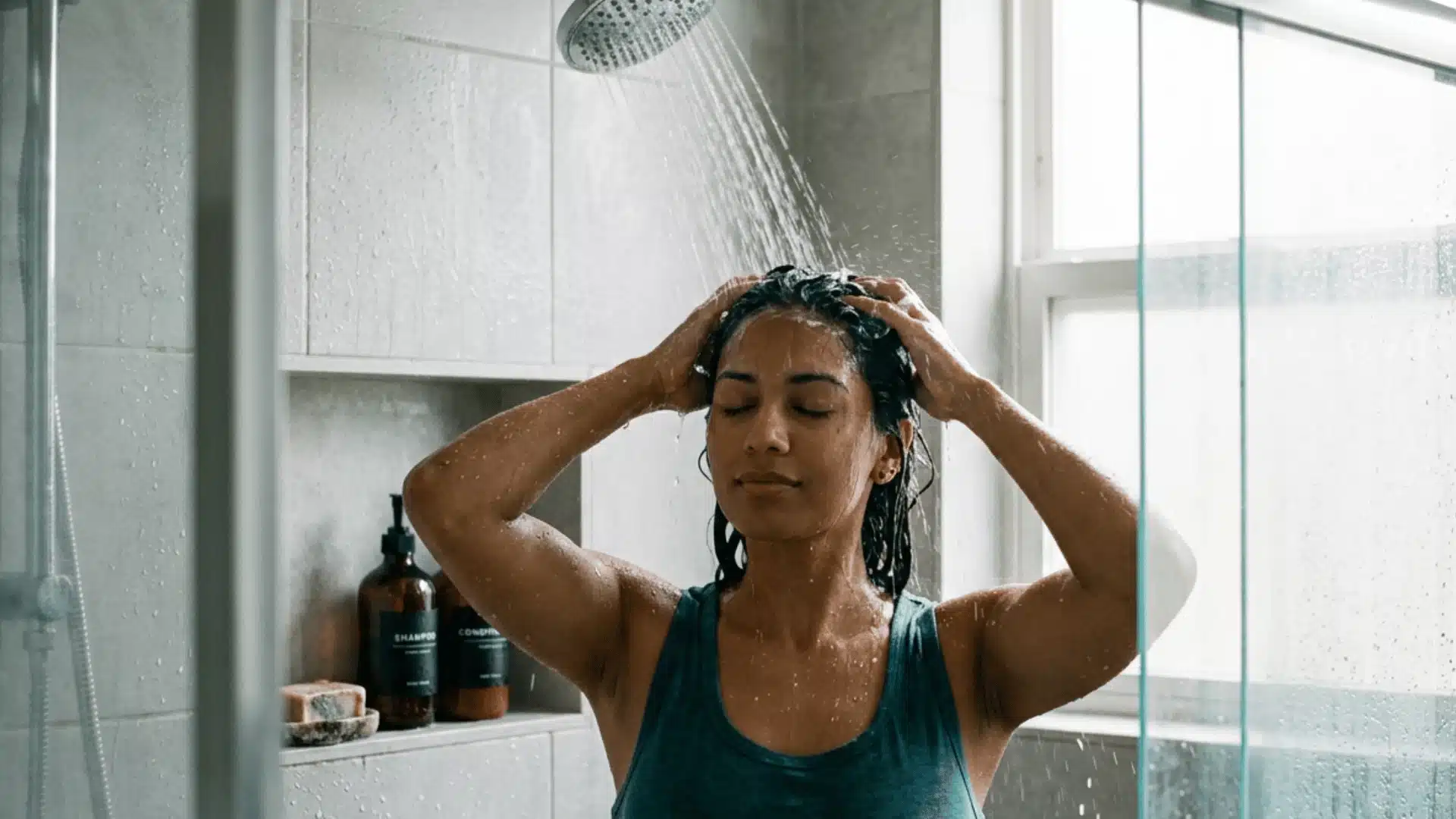 Woman washing hair under a shower with shampoo in a bright modern bathroom interior