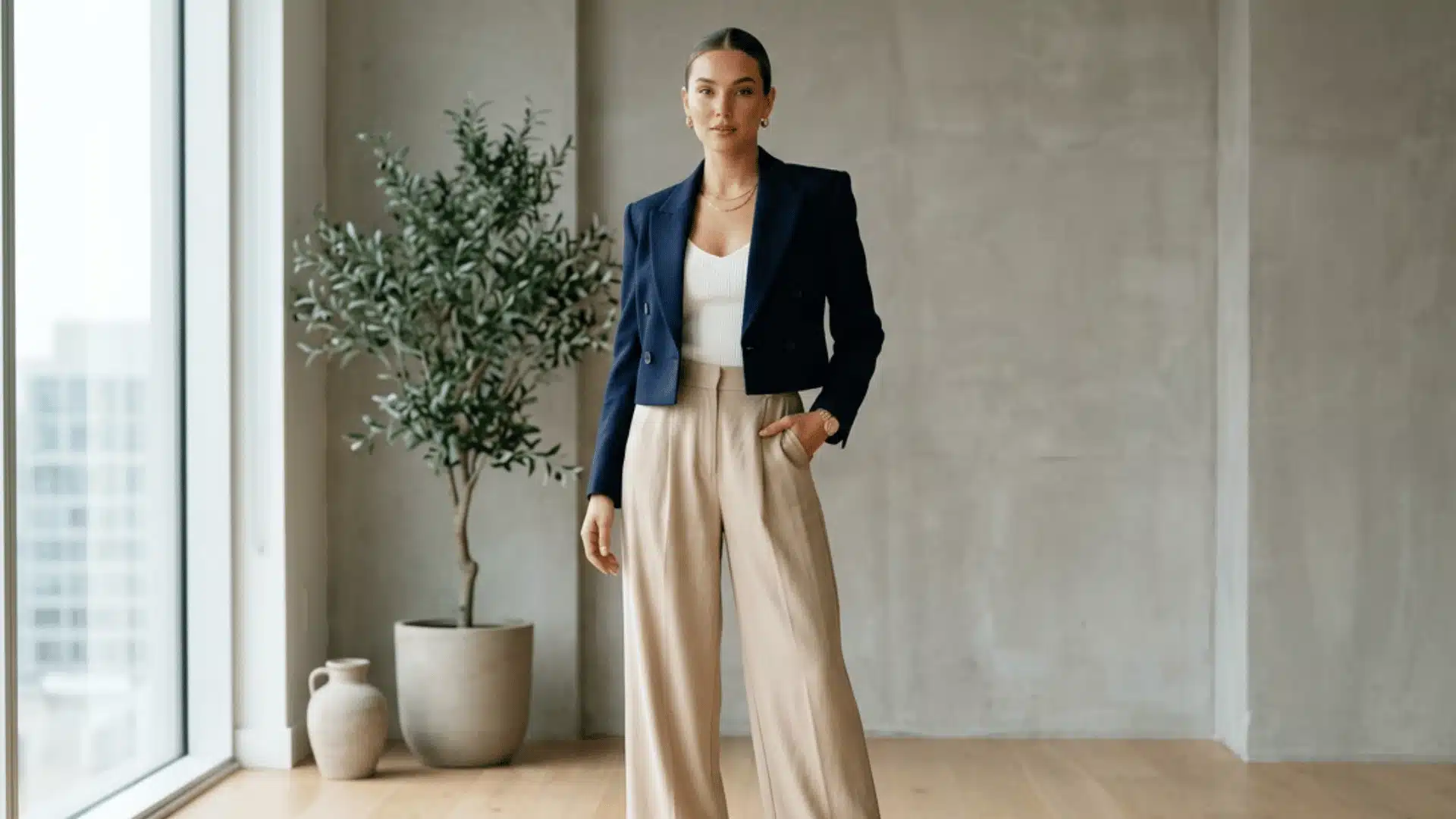 Woman wearing a cropped navy blazer over a camisole with beige wide-leg trousers and pointed heels