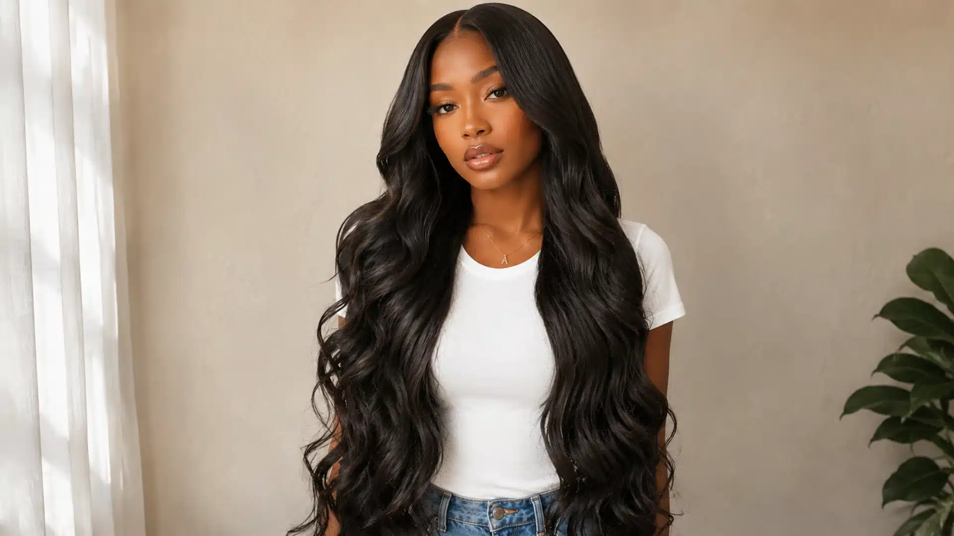 Woman wearing a waist length loose waves sew in hairstyle with a center part and soft, voluminous black curls