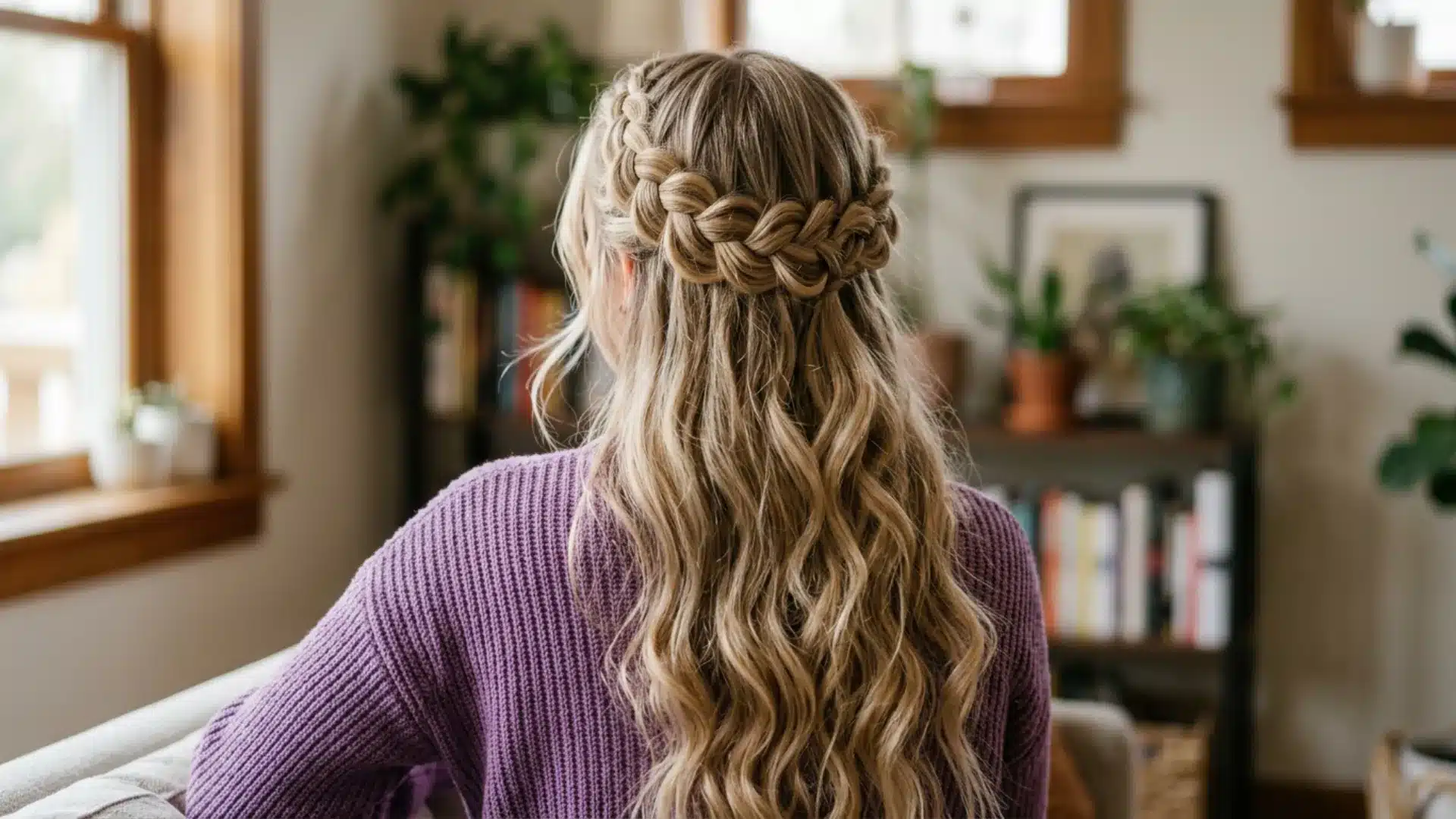 Woman with a crown halo braid wrapping around her head with soft face-framing pieces