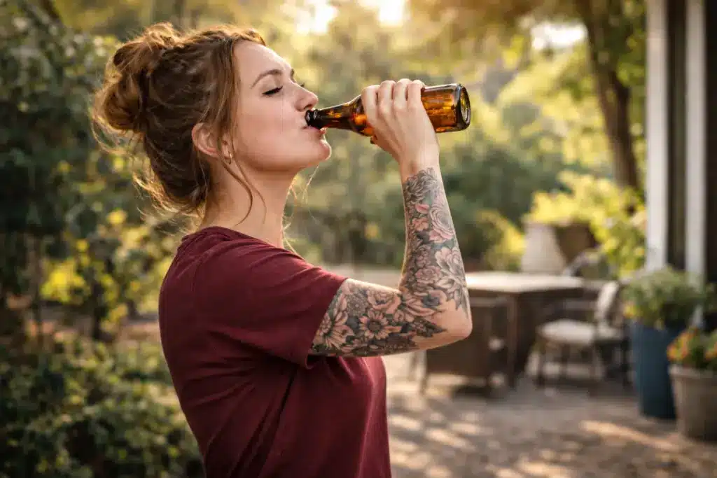 Woman with floral tattoo sleeve drinking beer from bottle outdoors in warm evening light