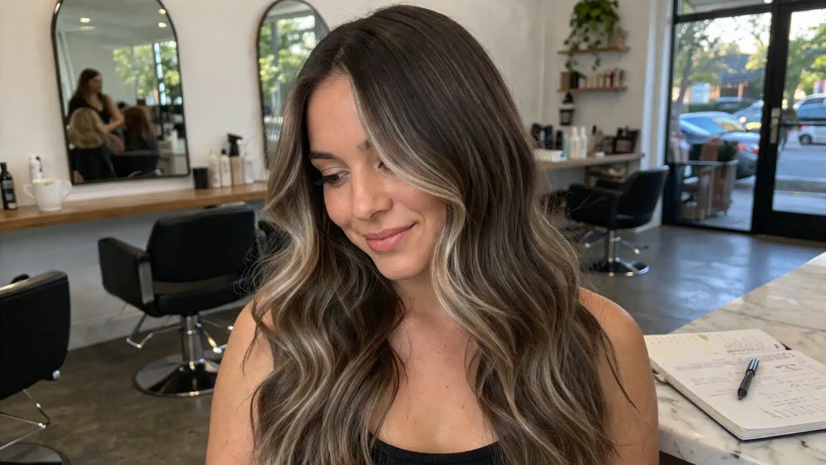 Woman with glossy brunette hair and soft highlights after glaze treatment enhancing shine tone and smooth finish in salon