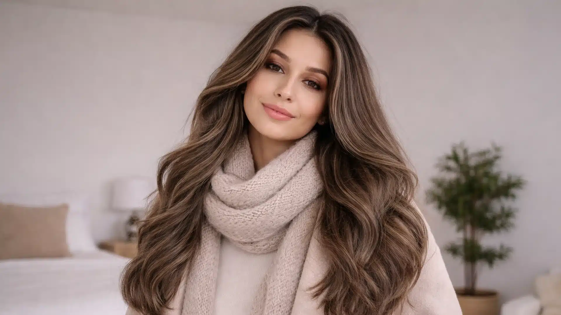 Woman with long ash brown wavy hair and cool smoky tones, wearing a beige winter coat and scarf, standing in a bright minimalist bedroom with soft natural light