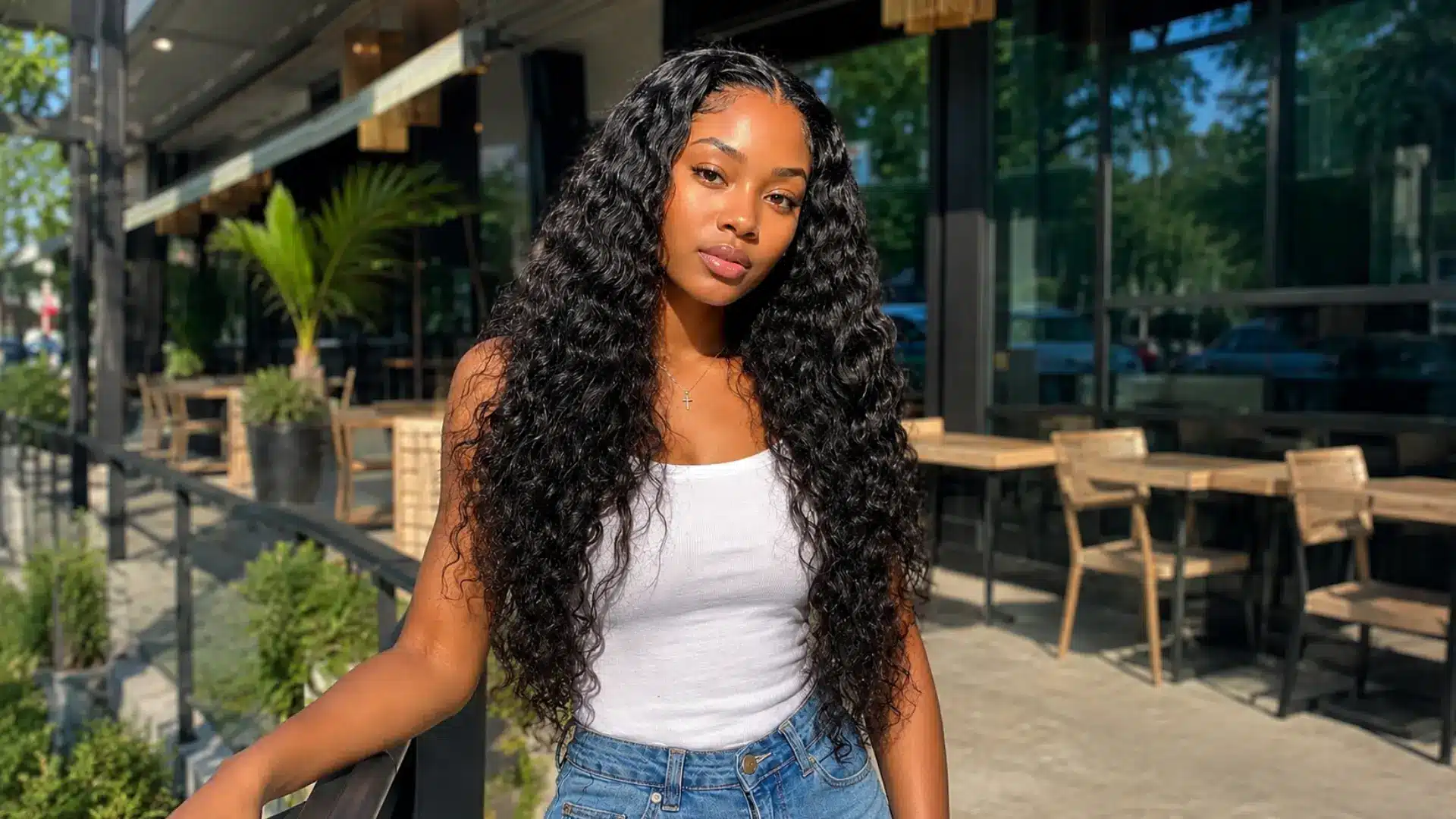Woman with long deep wave sew-in hairstyle posing outdoors in a white tank top and blue jeans outdoors