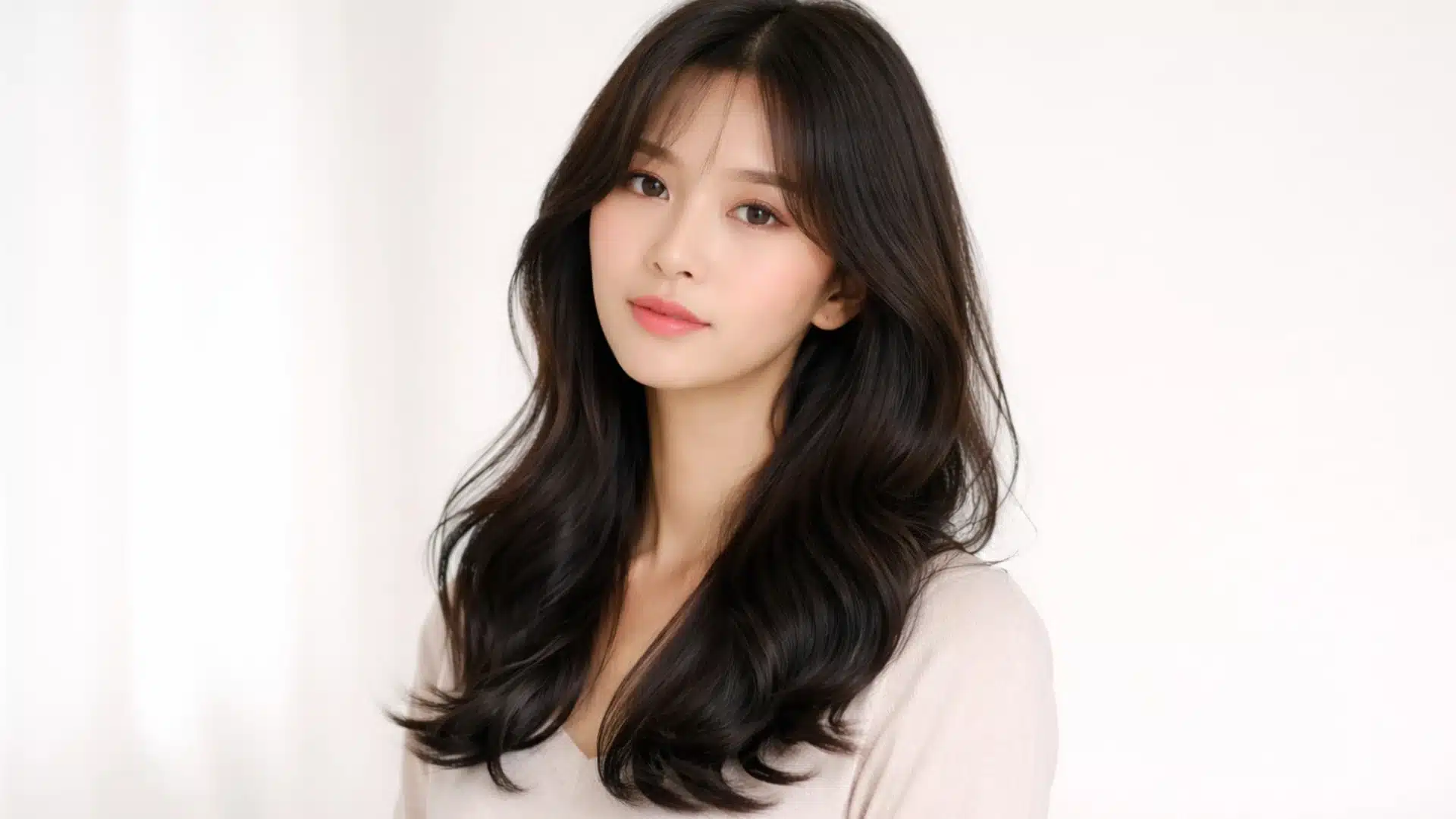 Woman with mid-length soft black wavy hair, natural shine and neutral makeup, posed slightly back against a clean light background, with focus on hair texture and color
