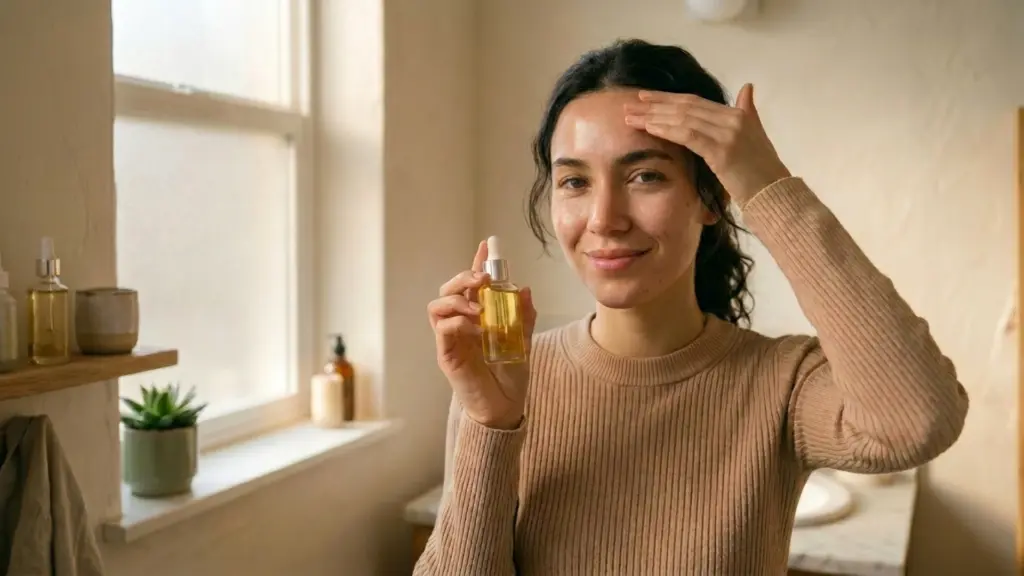 Woman with oily skin applying serum to her forehead