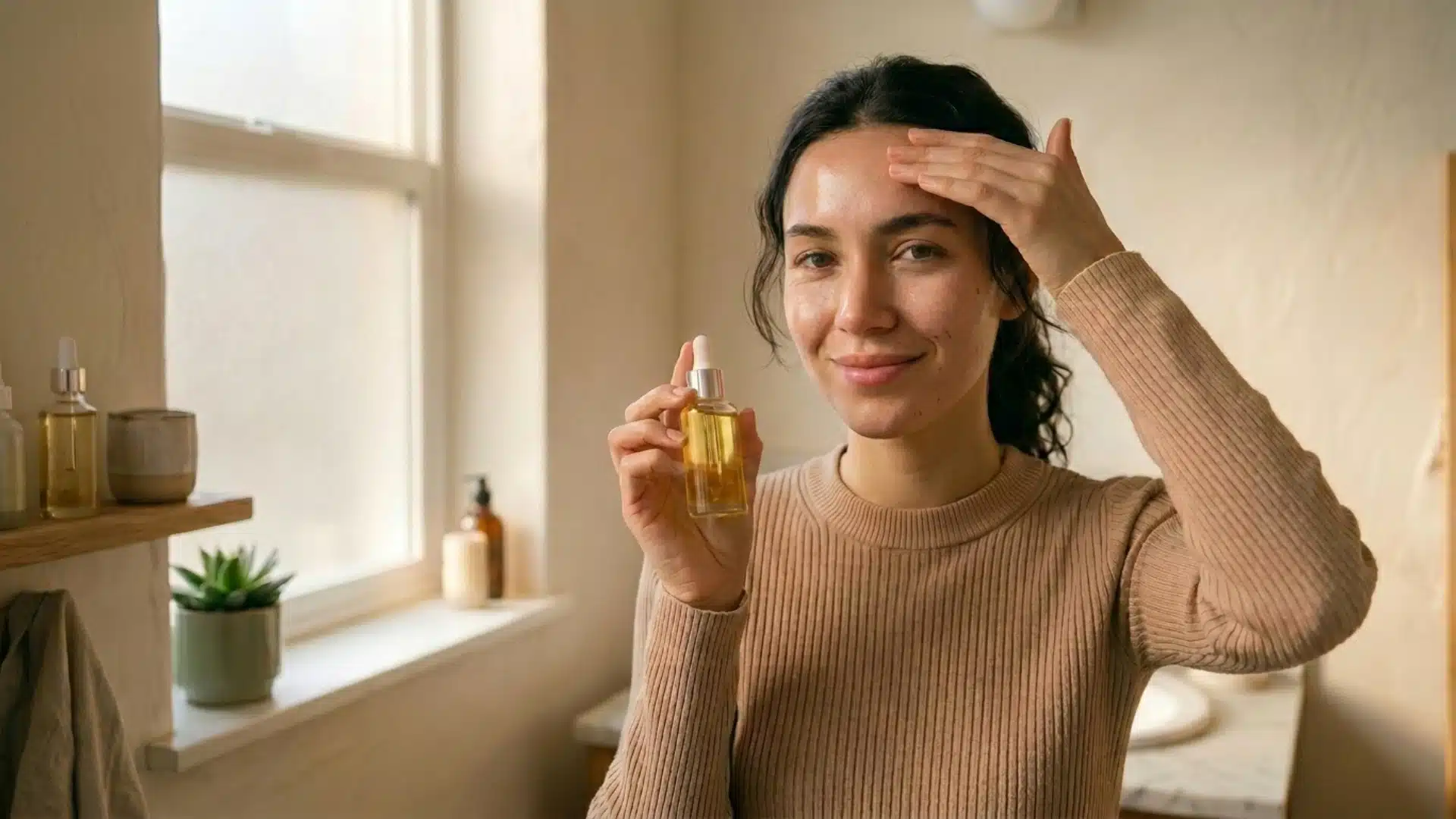 Woman with oily skin applying serum to her forehead