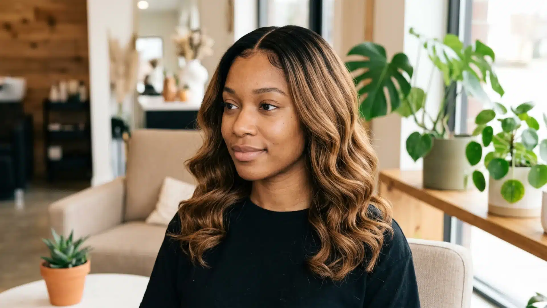 Woman with ombre waves sew-in hairstyle featuring soft curls, center part, and natural volume indoors with window light