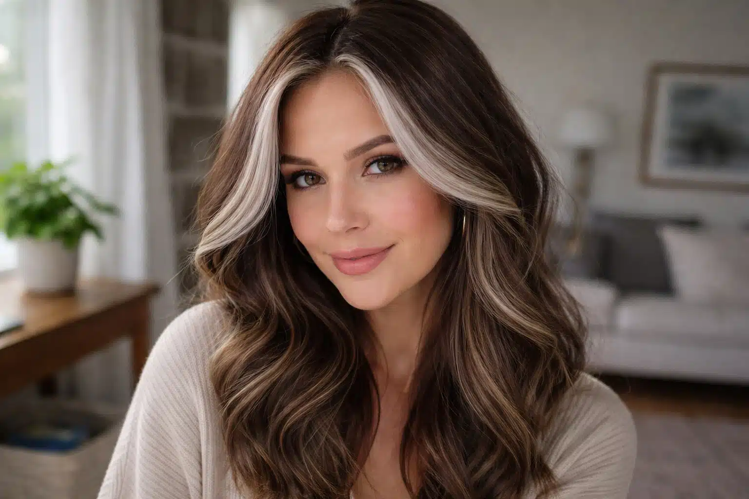 Woman with rich brunette hair and soft waves featuring face framing highlights that add brightness and dimension to natural look