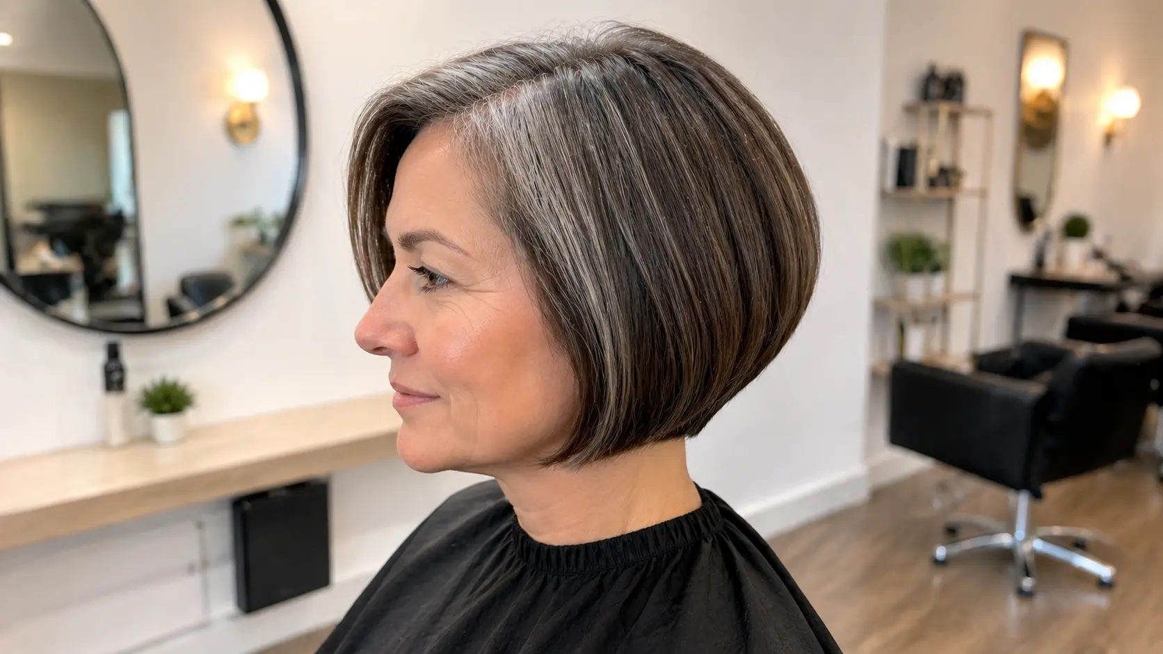 Woman with short sleek bob showing natural gray growth, seated in a modern salon after a clean fresh haircut