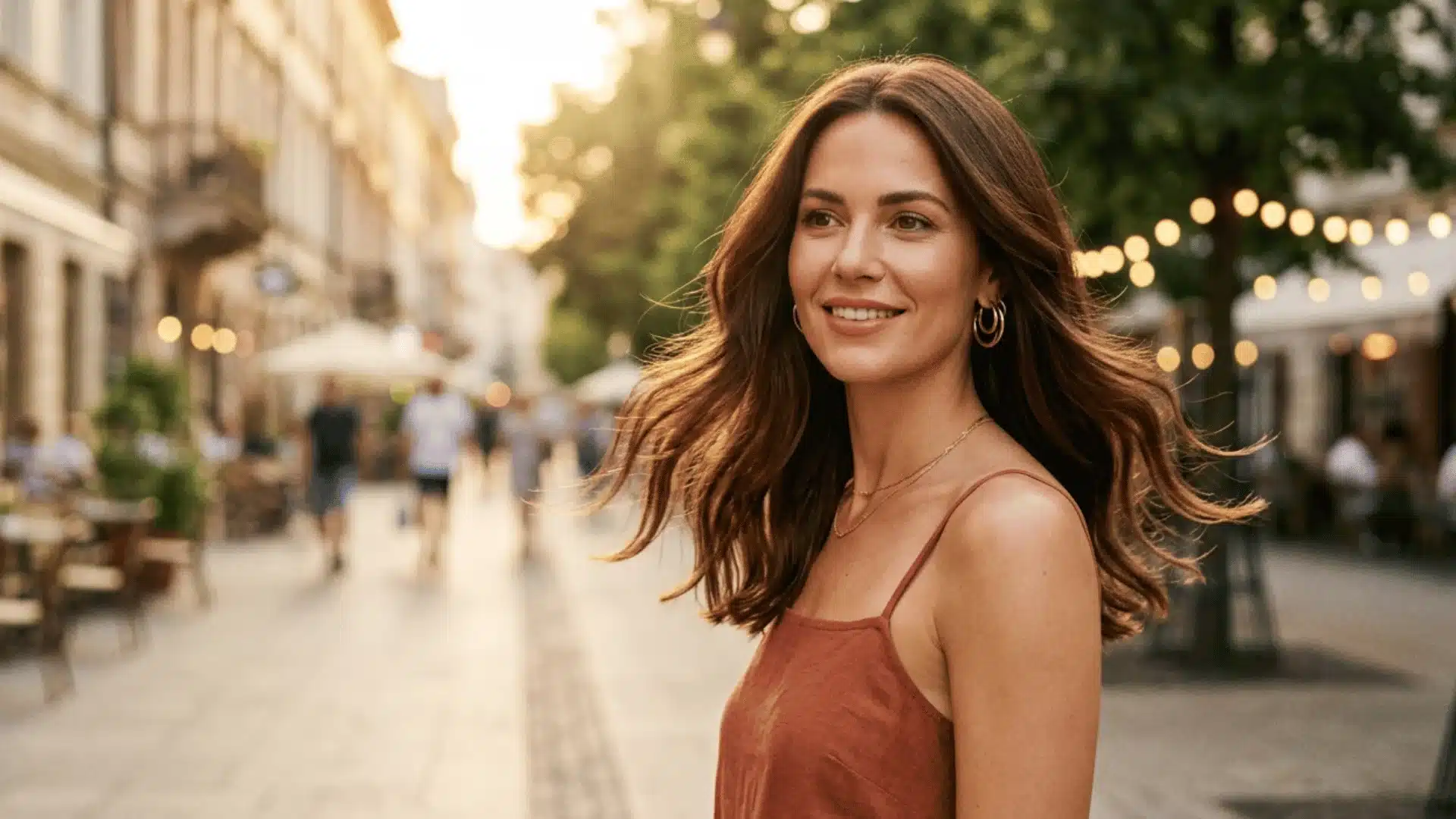Woman with smooth frizz free hair outdoors in humid weather