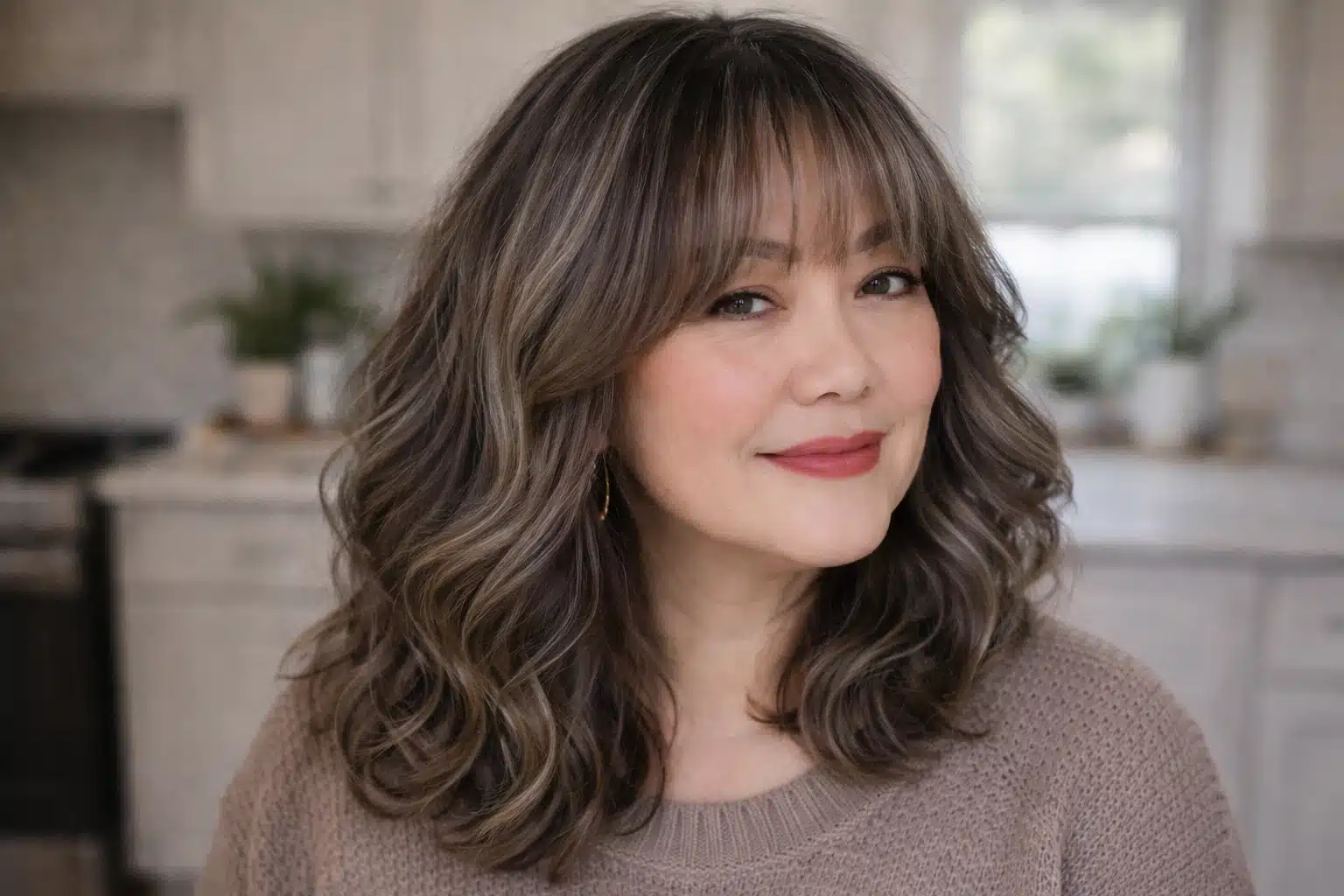 Woman with soft brunette waves and demi permanent hair color showing natural shine and subtle dimension in mid length style