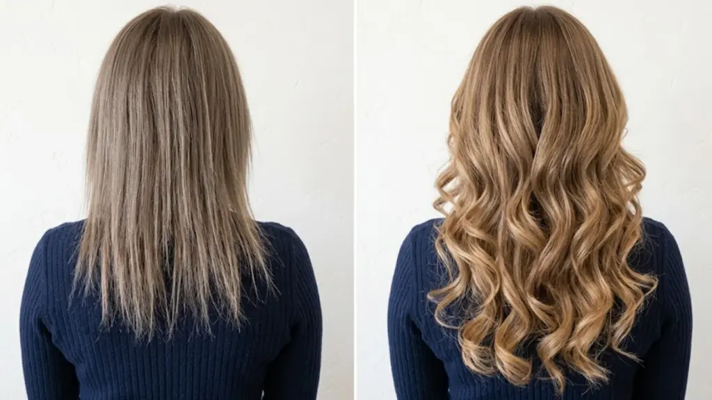 Woman with thin straight hair beside fuller curled hairstyle showing added volume and thicker appearance