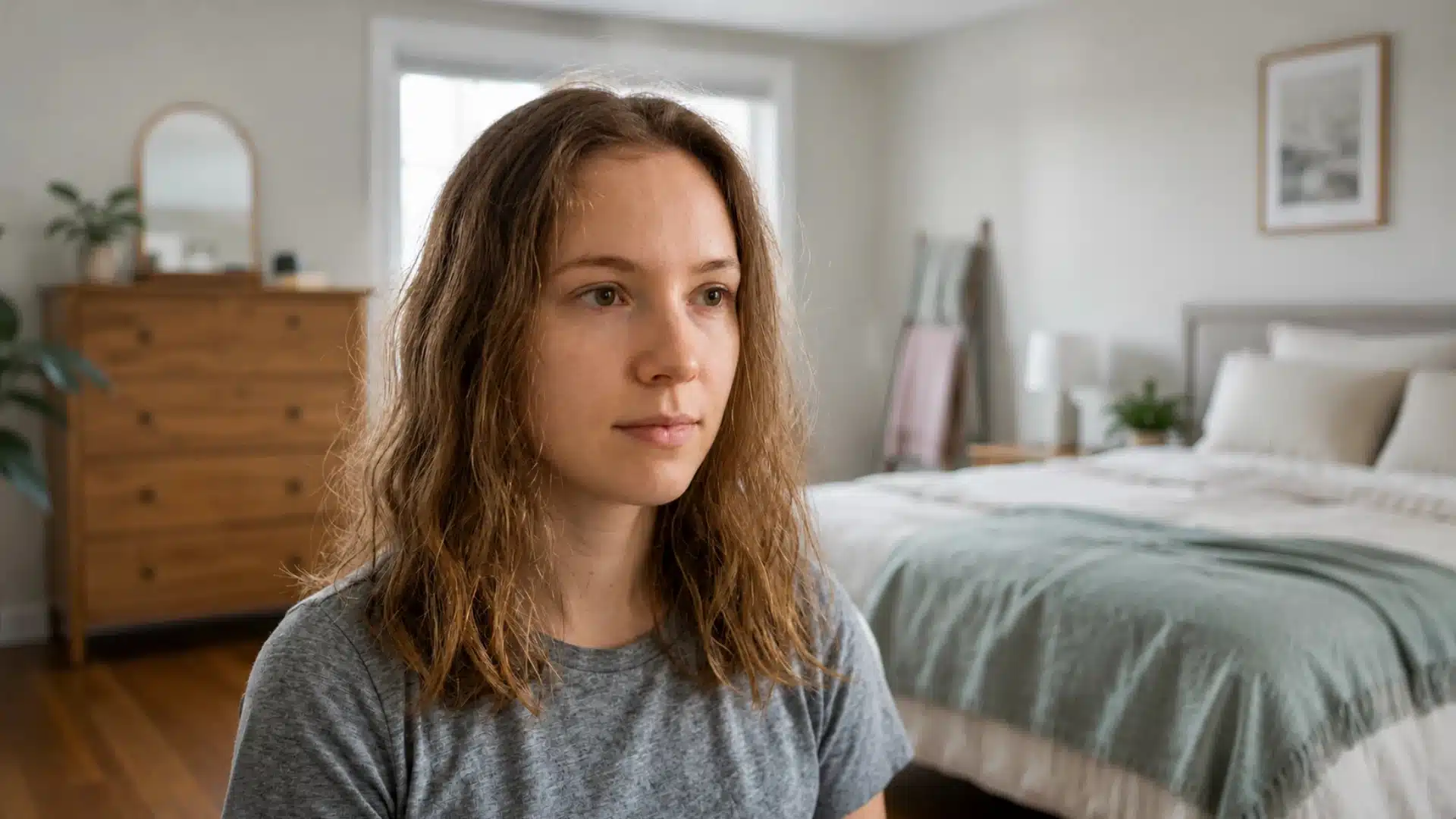 Woman with thin wavy frizzy hair in a softly lit bedroom
