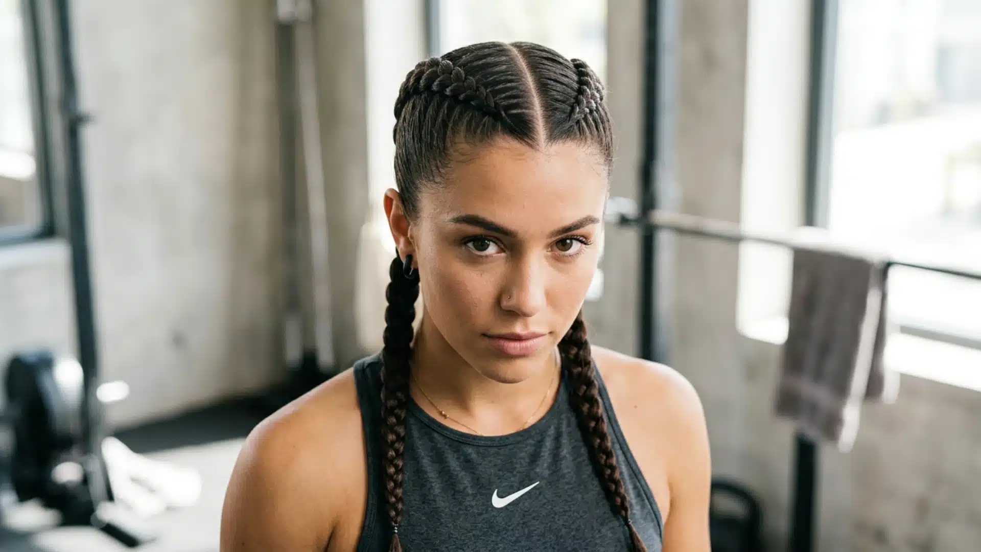 Woman with two symmetrical boxer braids running straight back from hairline to nape