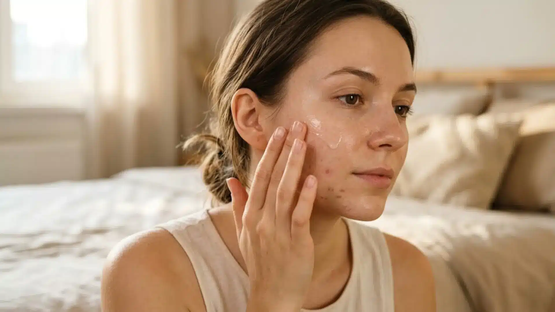 Woman applying acne cream to her cheek in a bedroom