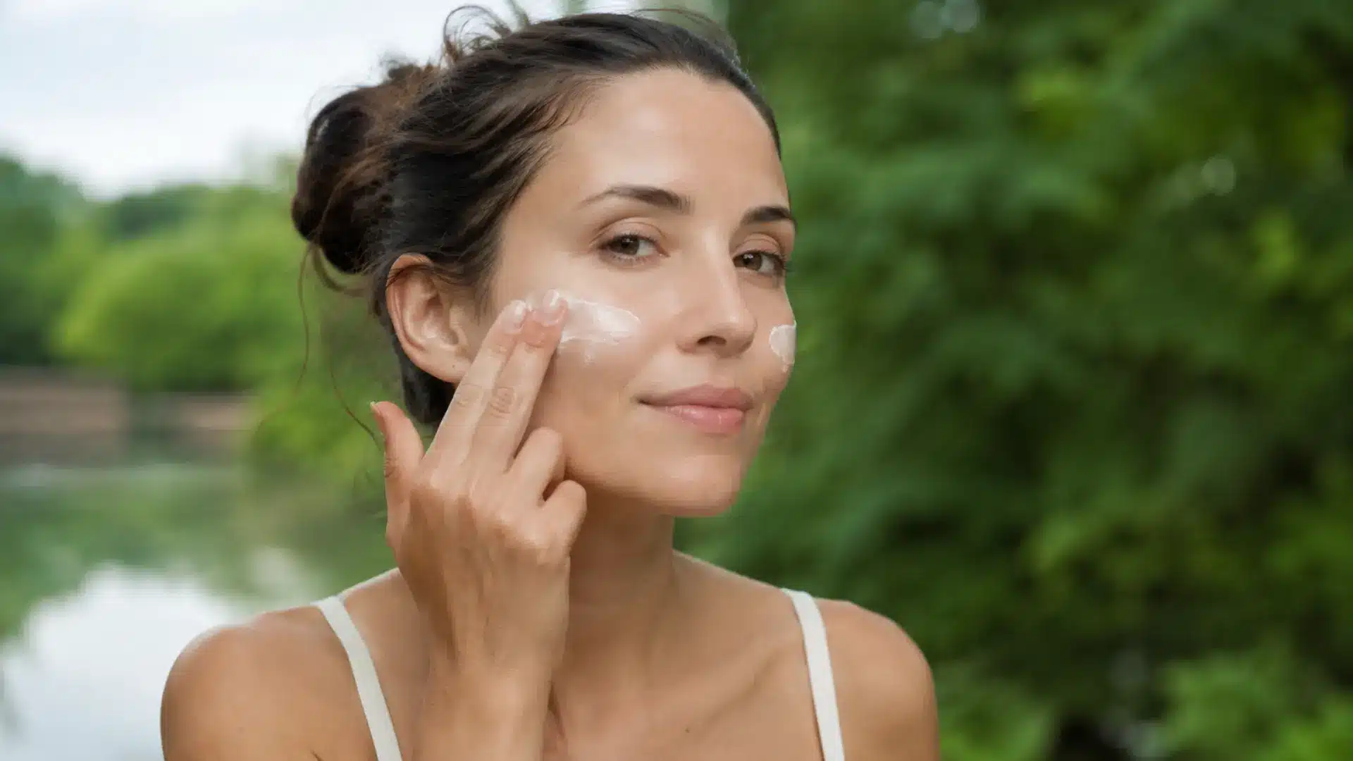 Woman applying SPF sunscreen outdoors to prevent uneven skin tone and dark spots