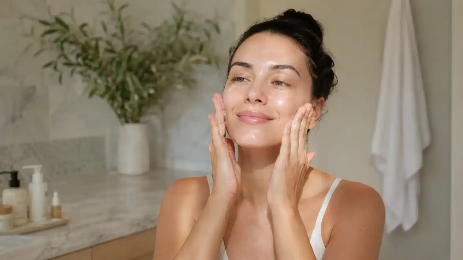 Woman completing at home facial steps with moisturizer for spa-like skin finish