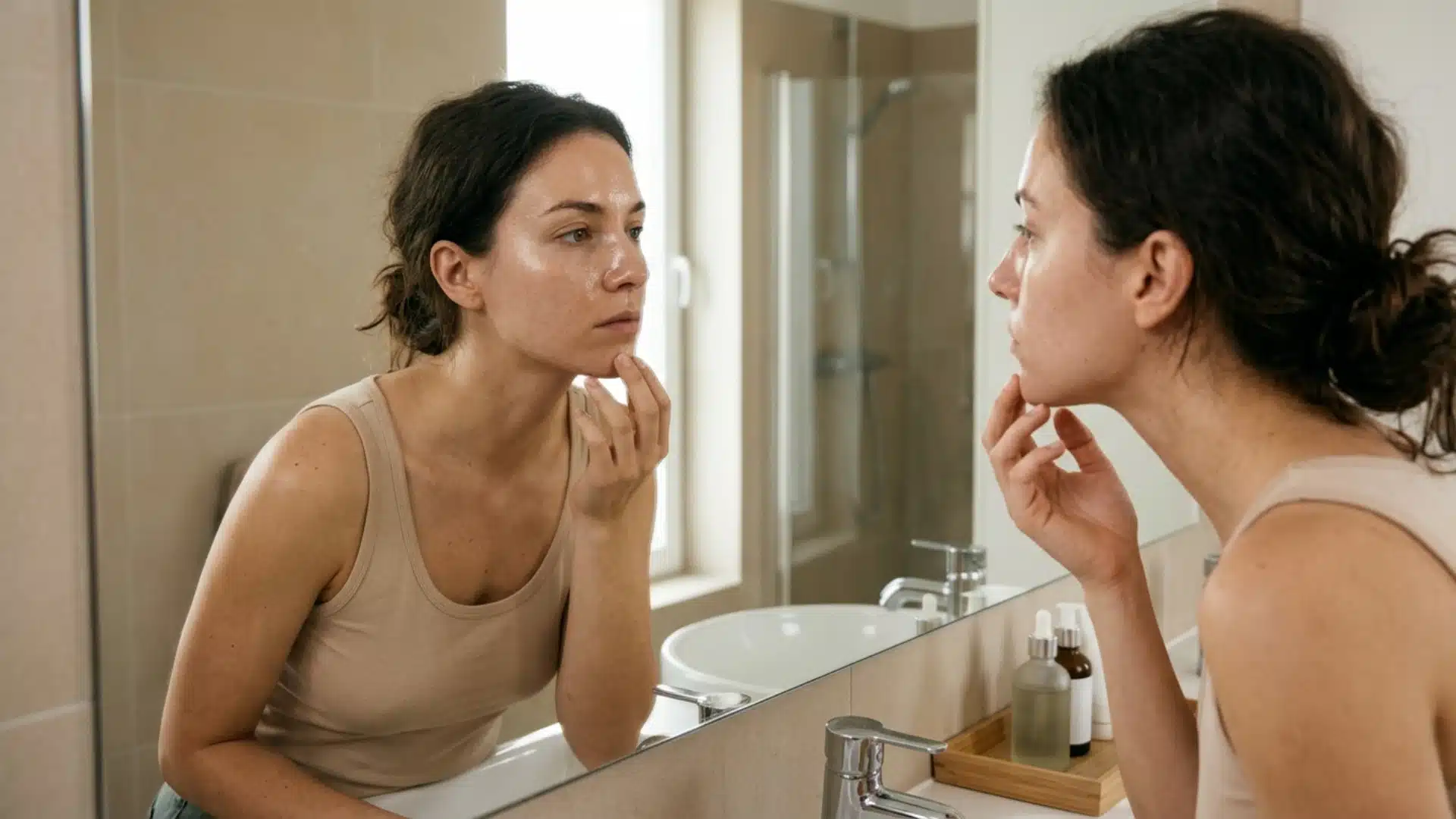 Woman examining oily skin in bathroom mirror during