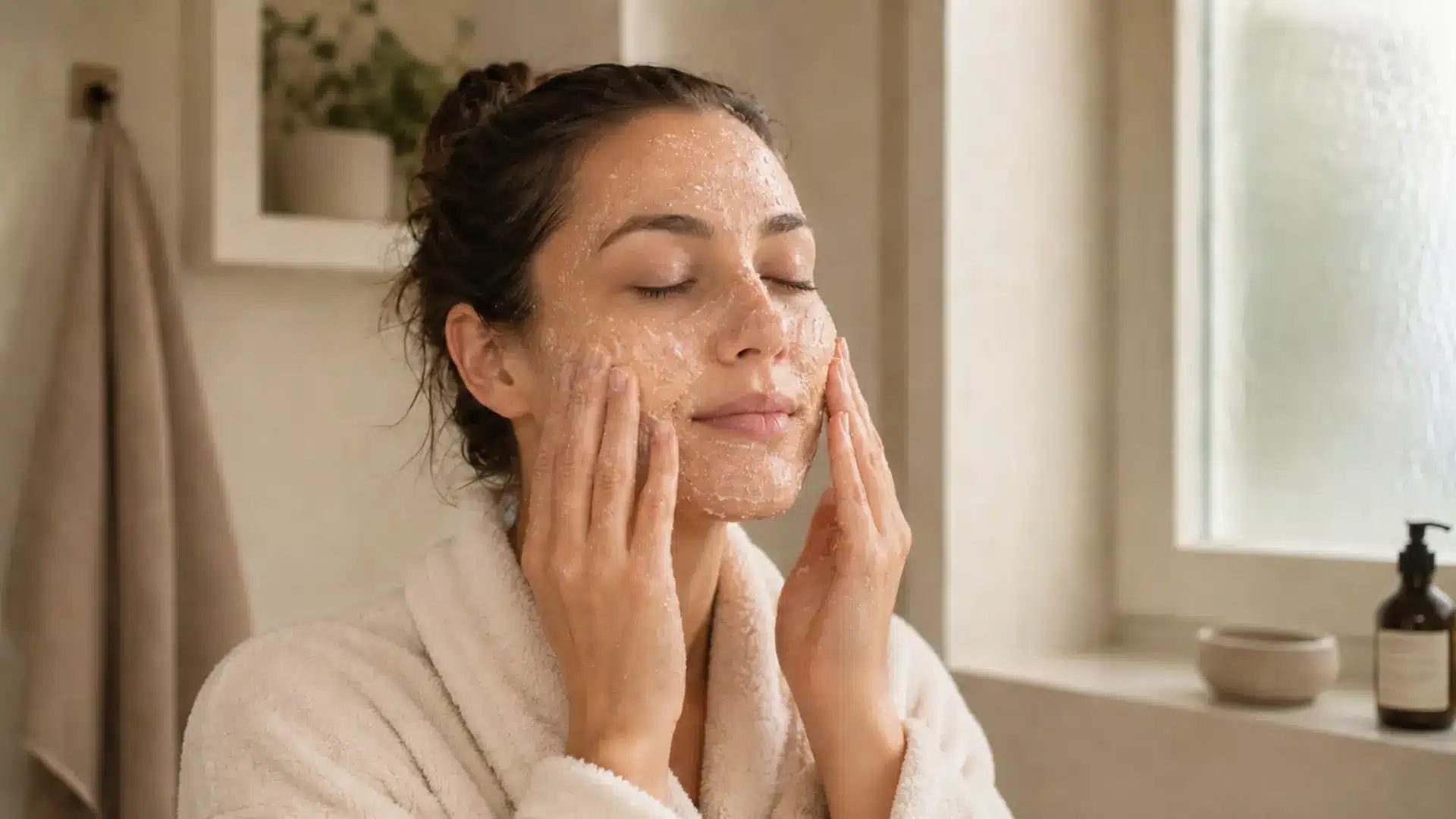 Woman gently applying a natural exfoliant scrub to her face in a bright bathroom