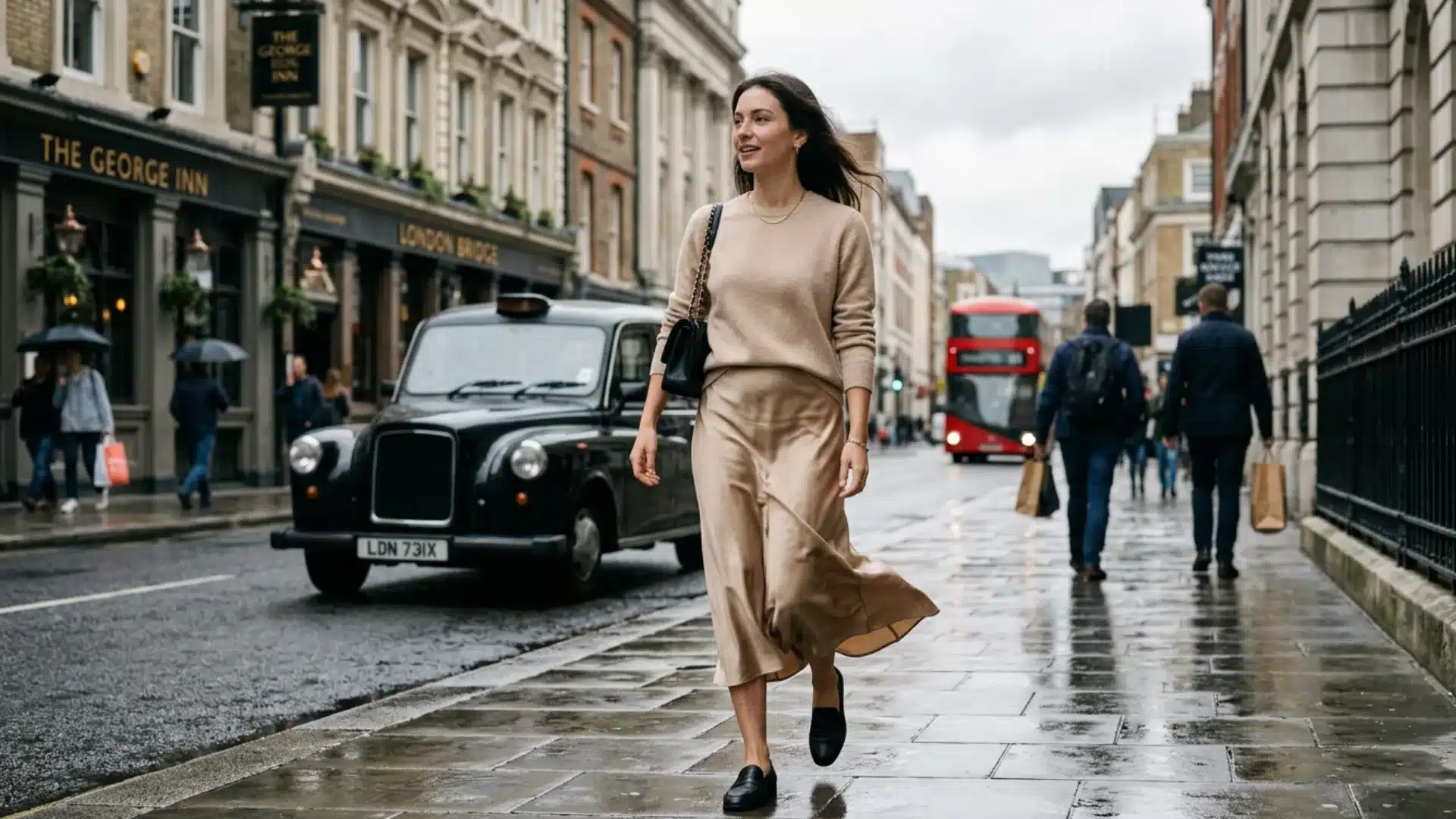 Woman in a beige sweater and satin skirt walks down a London street past a black cab and a red double-decker bus