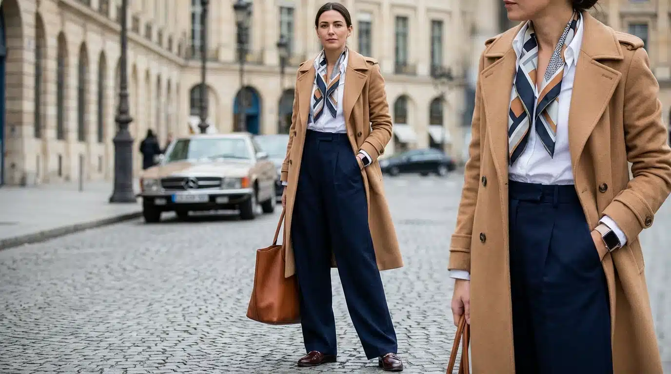 Woman in a camel coat navy trousers and a patterned scarf walking on a cobblestone street holding a brown leather tote