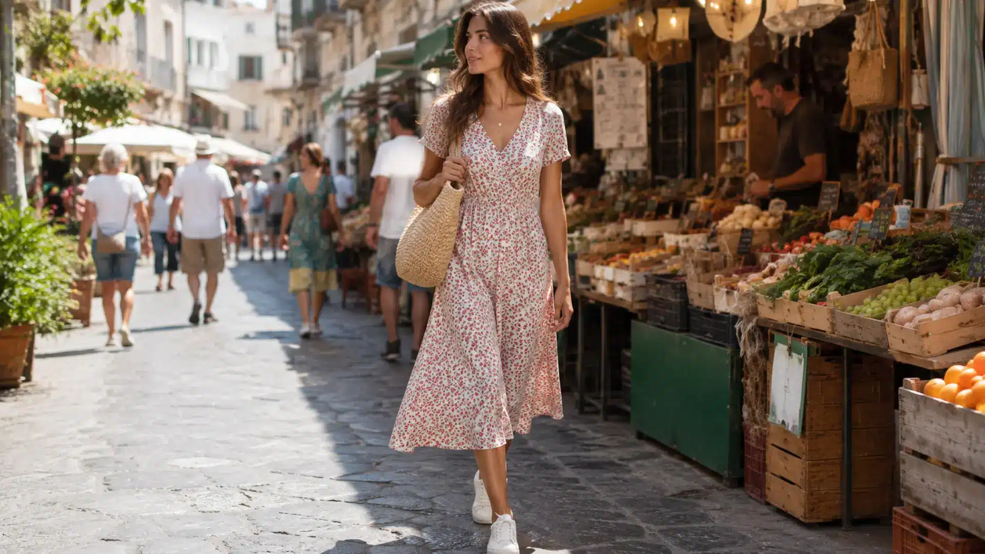 Woman in a floral midi dress and sneakers walking past an outdoor market
