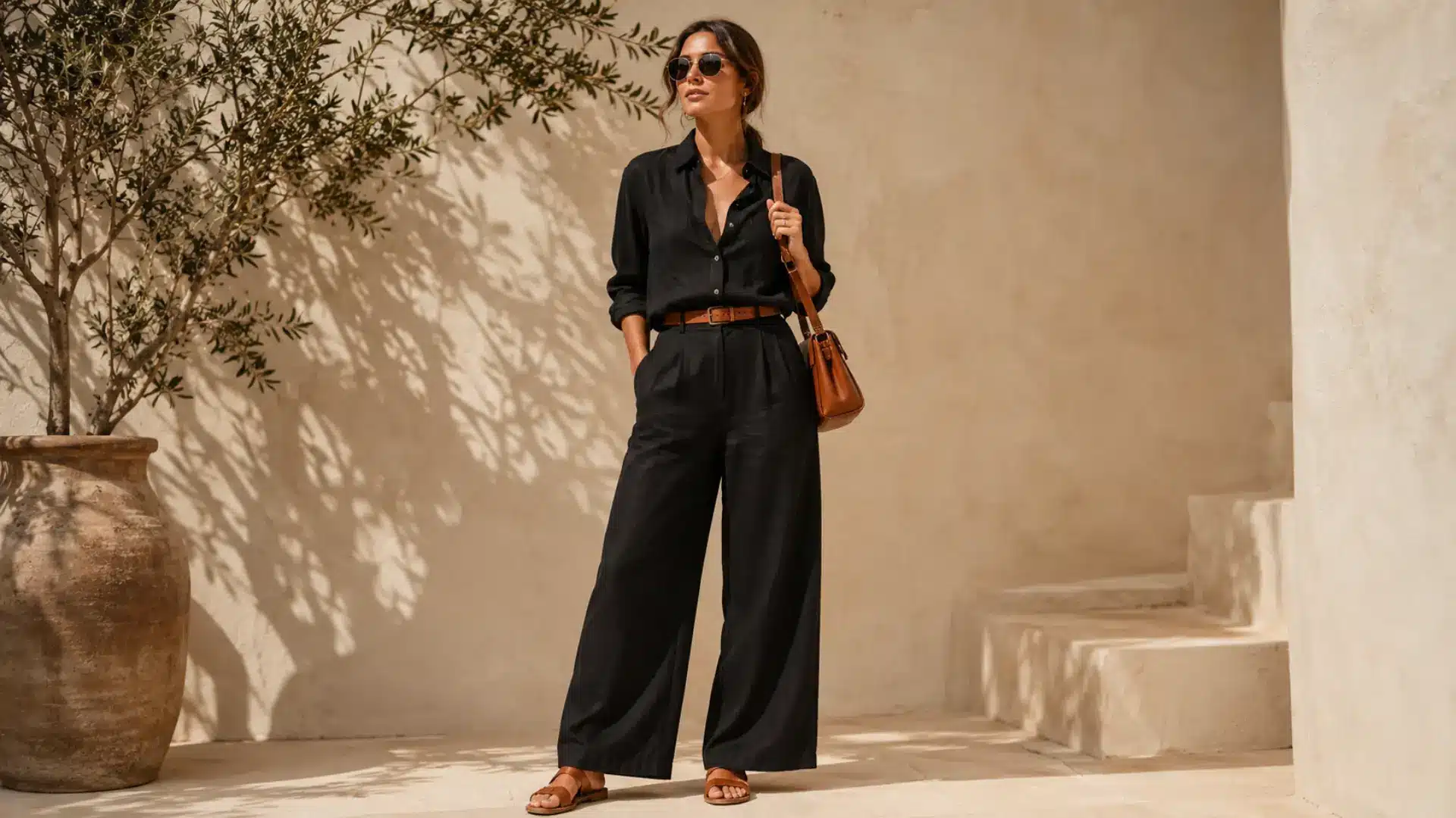 Woman in all-black linen outfit with cognac belt, sandals, and shoulder bag in soft sunlight