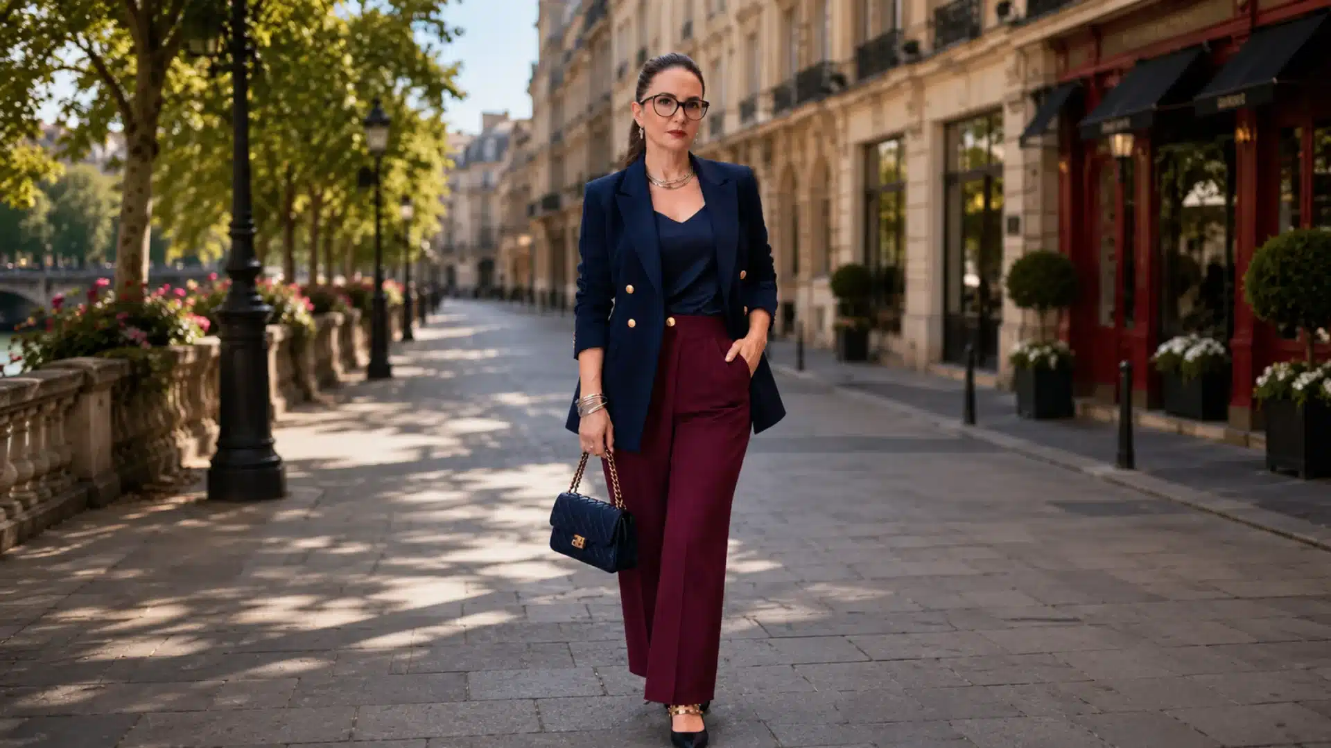 Woman in a navy blazer and burgundy trousers walks down a city street, carrying a quilted handbag