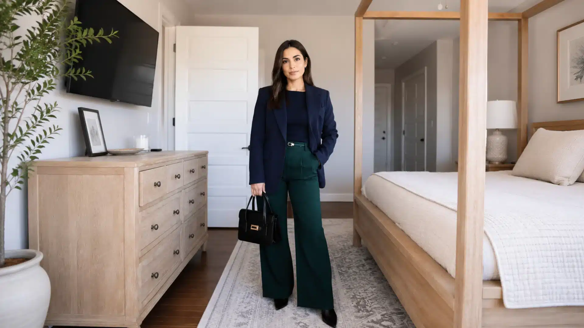 Woman in a navy blazer and dark green trousers holding a black handbag, standing in a brightly lit bedroom