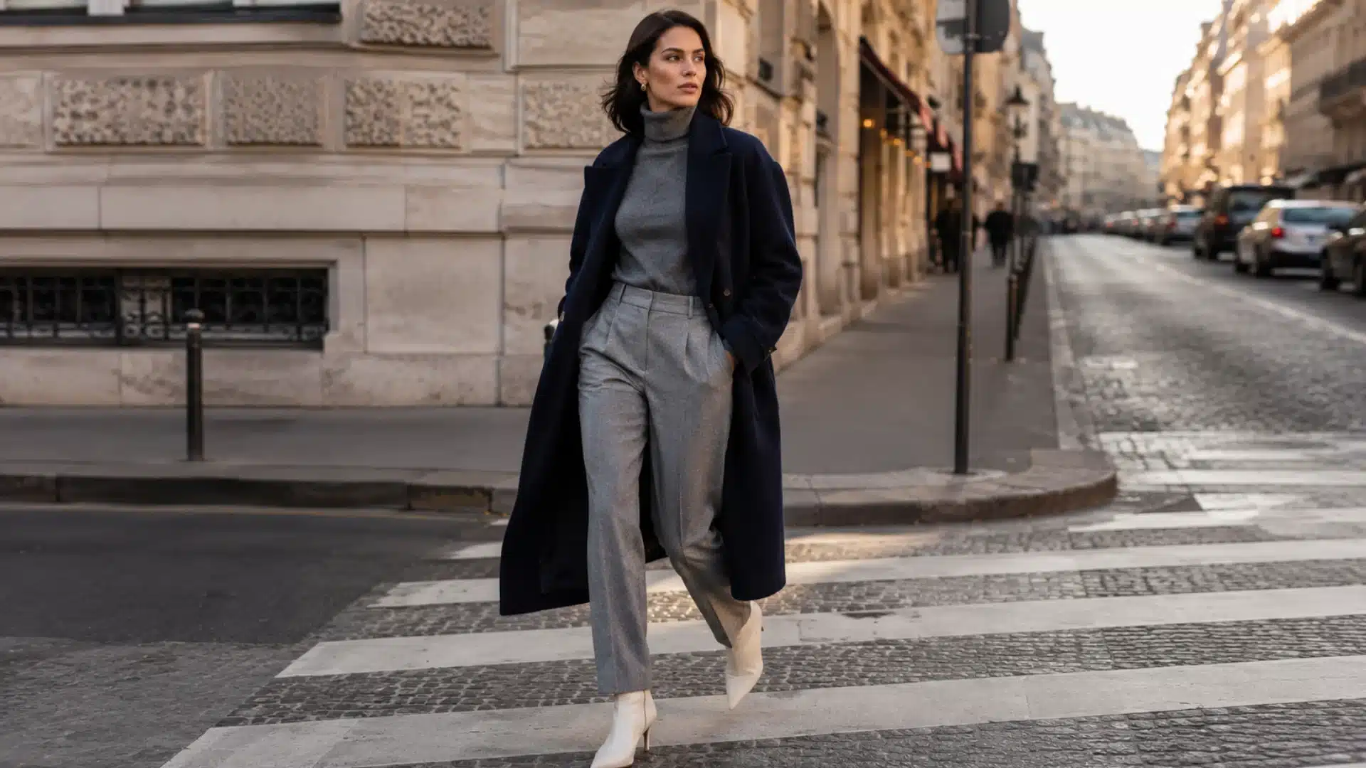 Woman in a navy coat, grey turtleneck, and grey trousers walking across a city street crosswalk