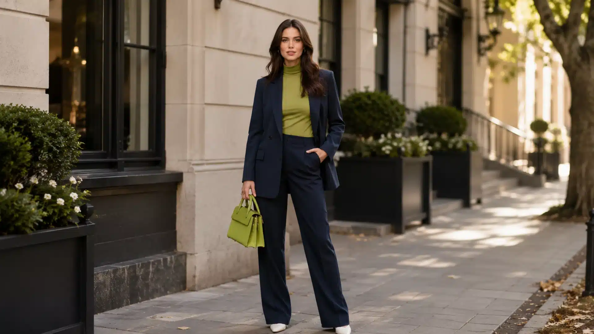 Woman in a navy pantsuit and lime green turtleneck holding a matching green handbag on a city sidewalk