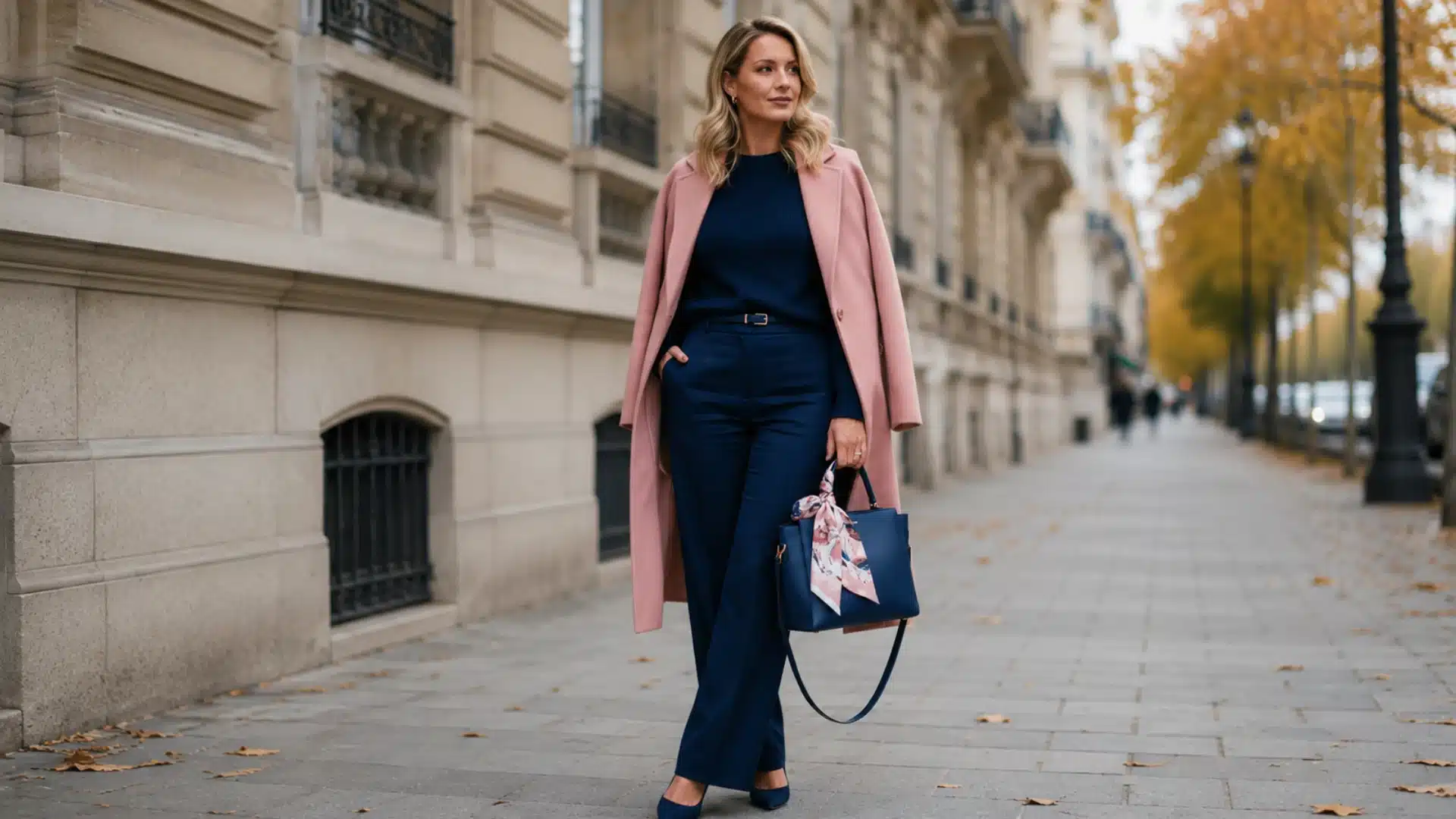 Woman in a pink coat and navy outfit holding a blue handbag with a scarf on a city sidewalk