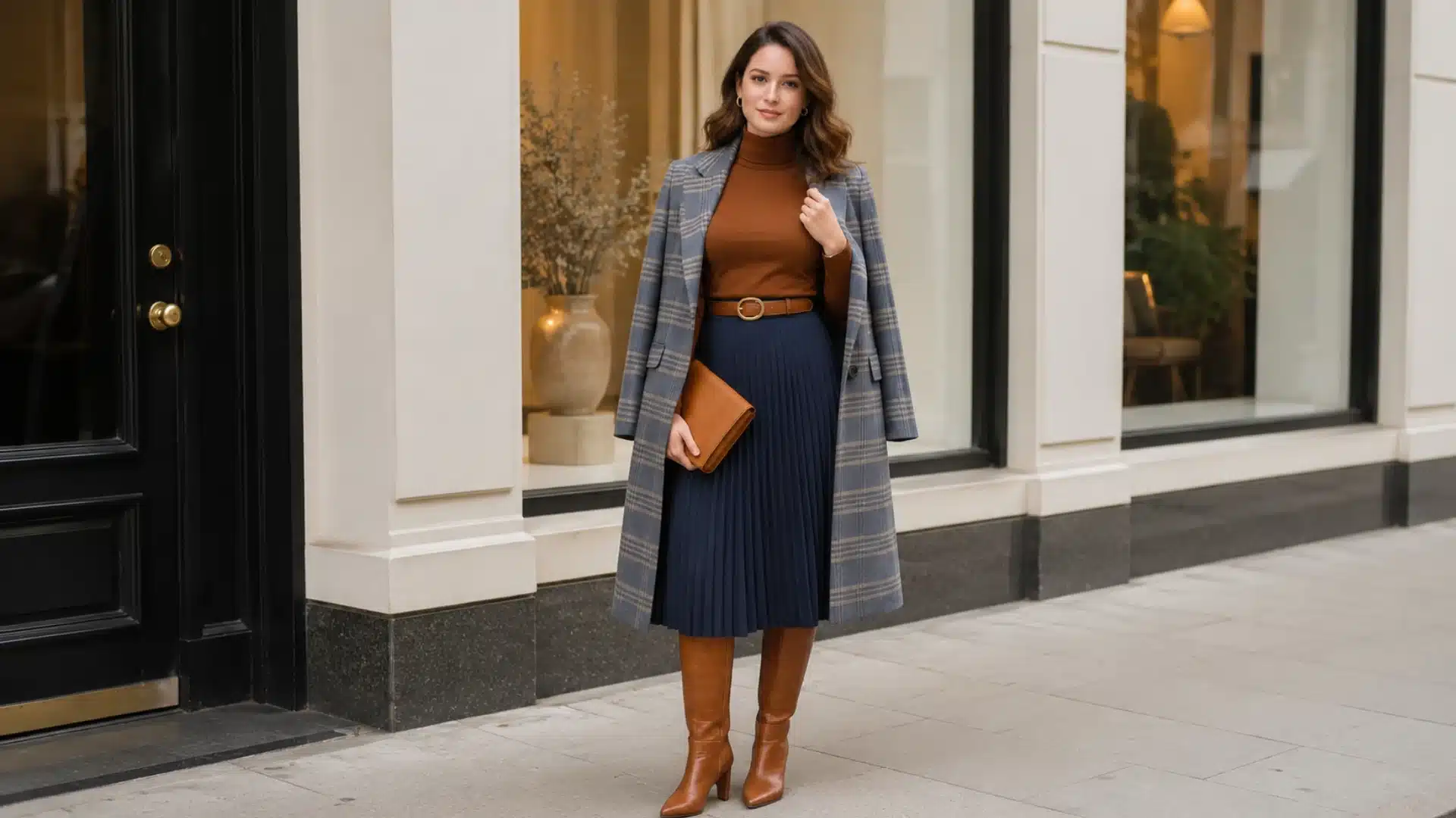 Woman in a plaid coat, brown turtleneck, navy pleated skirt, and brown boots standing on a city sidewalk