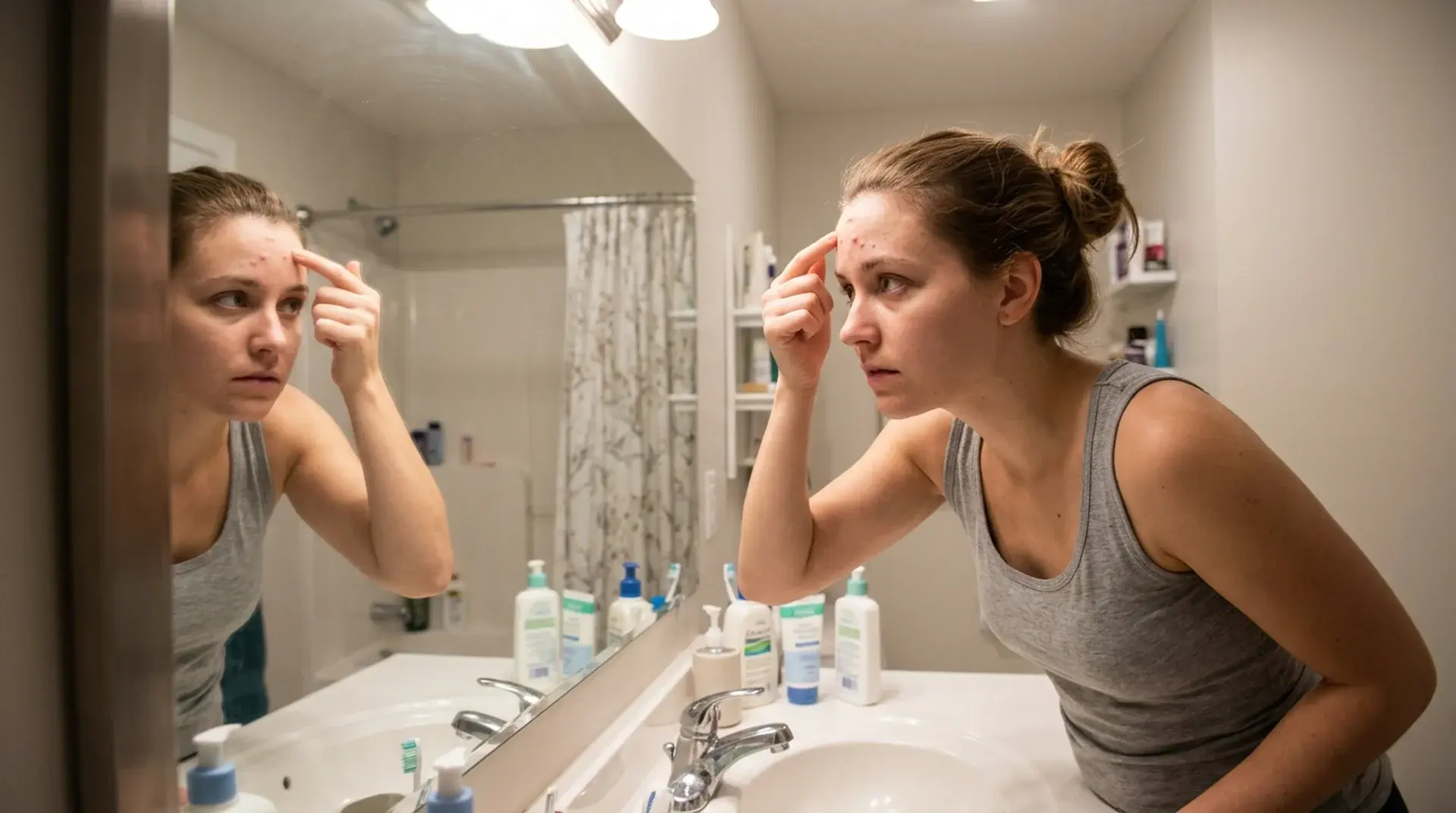 Woman in bathroom mirror checking forehead acne and breakouts during her skincare routine