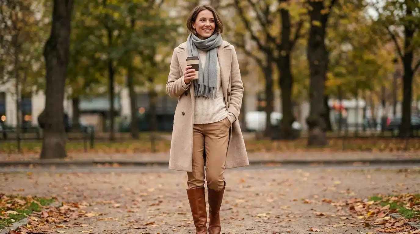 Woman in beige coat gray scarf and tan trousers walking in a park holding a coffee cup