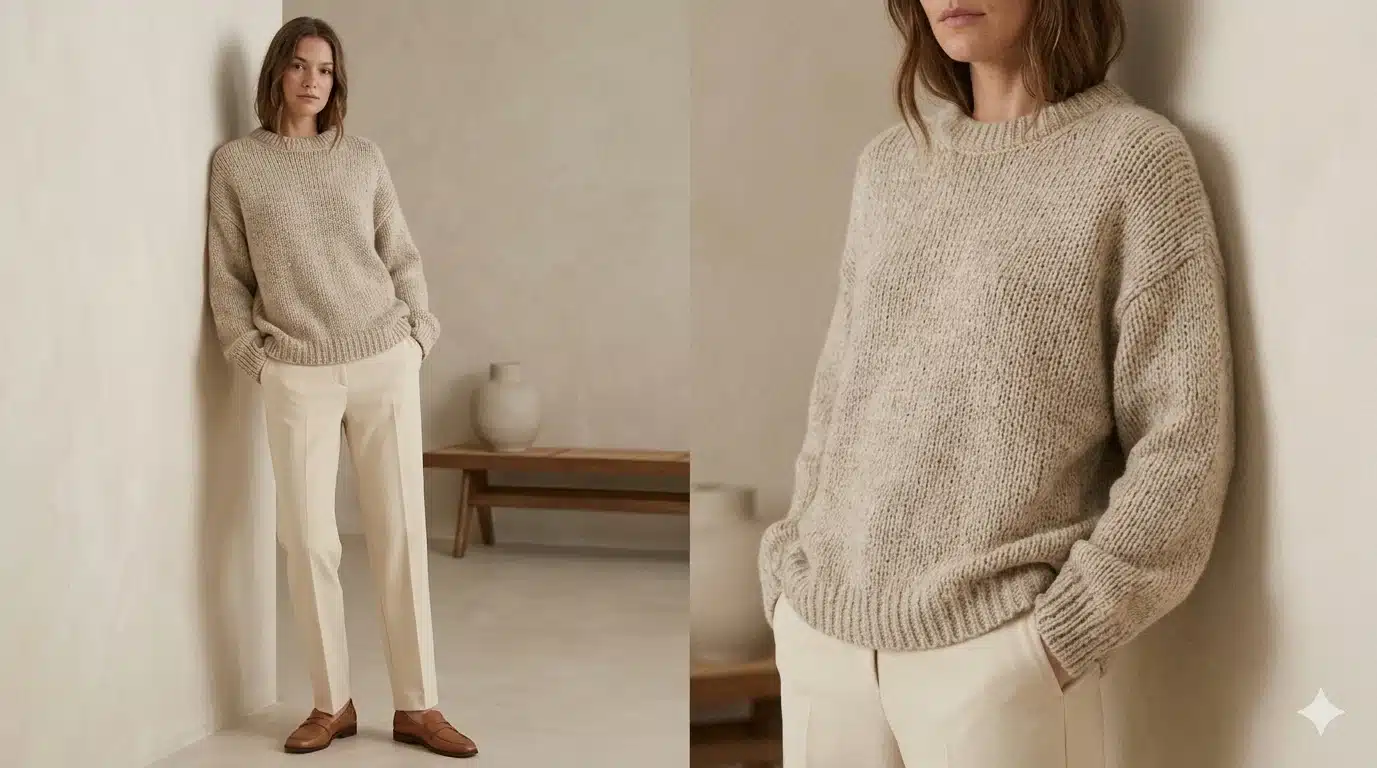 Woman in beige knit sweater and cream trousers leaning against a wall wearing brown loafers
