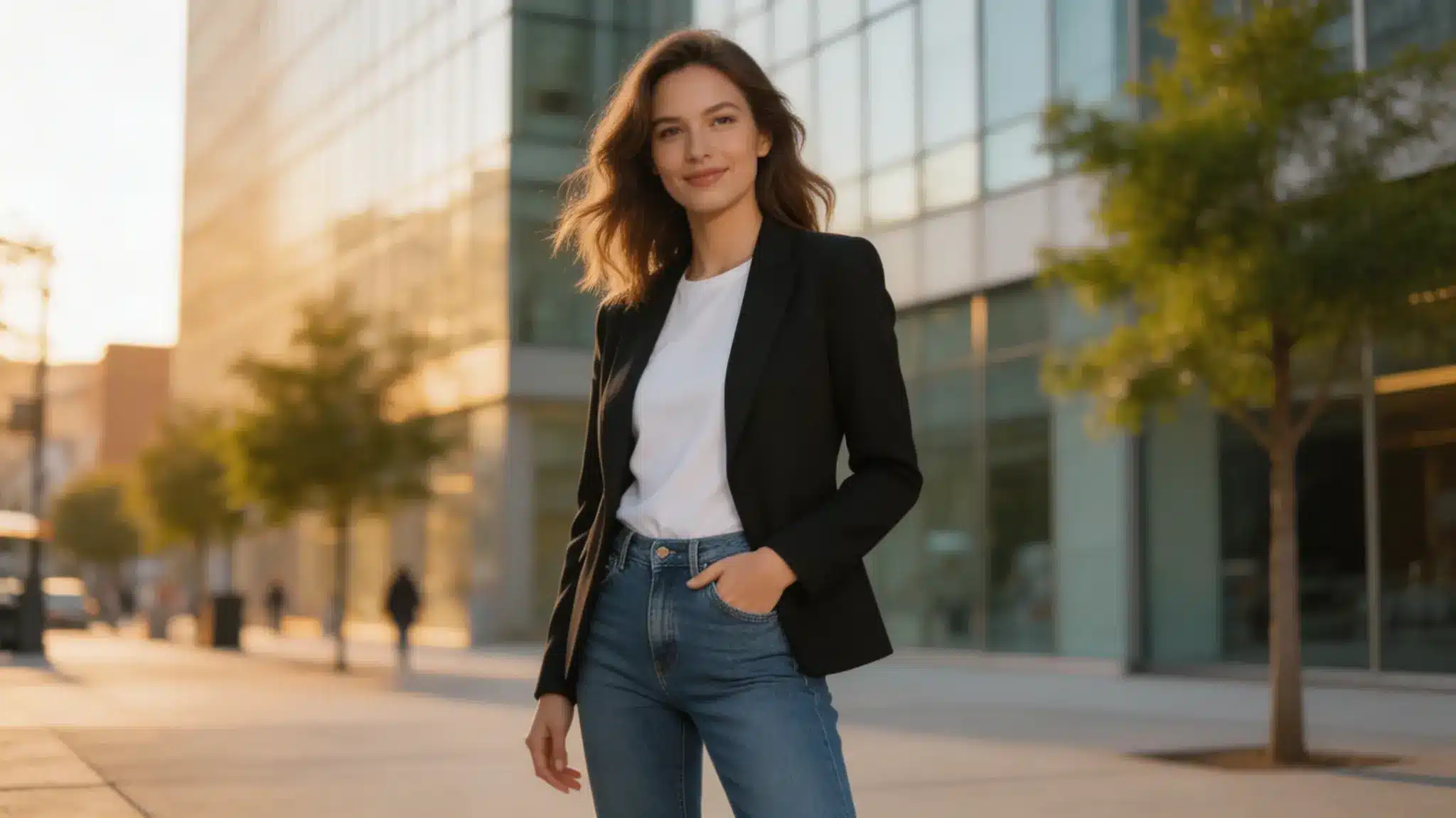 Woman in black blazer white tshirt and blue jeans standing on a city sidewalk at sunset