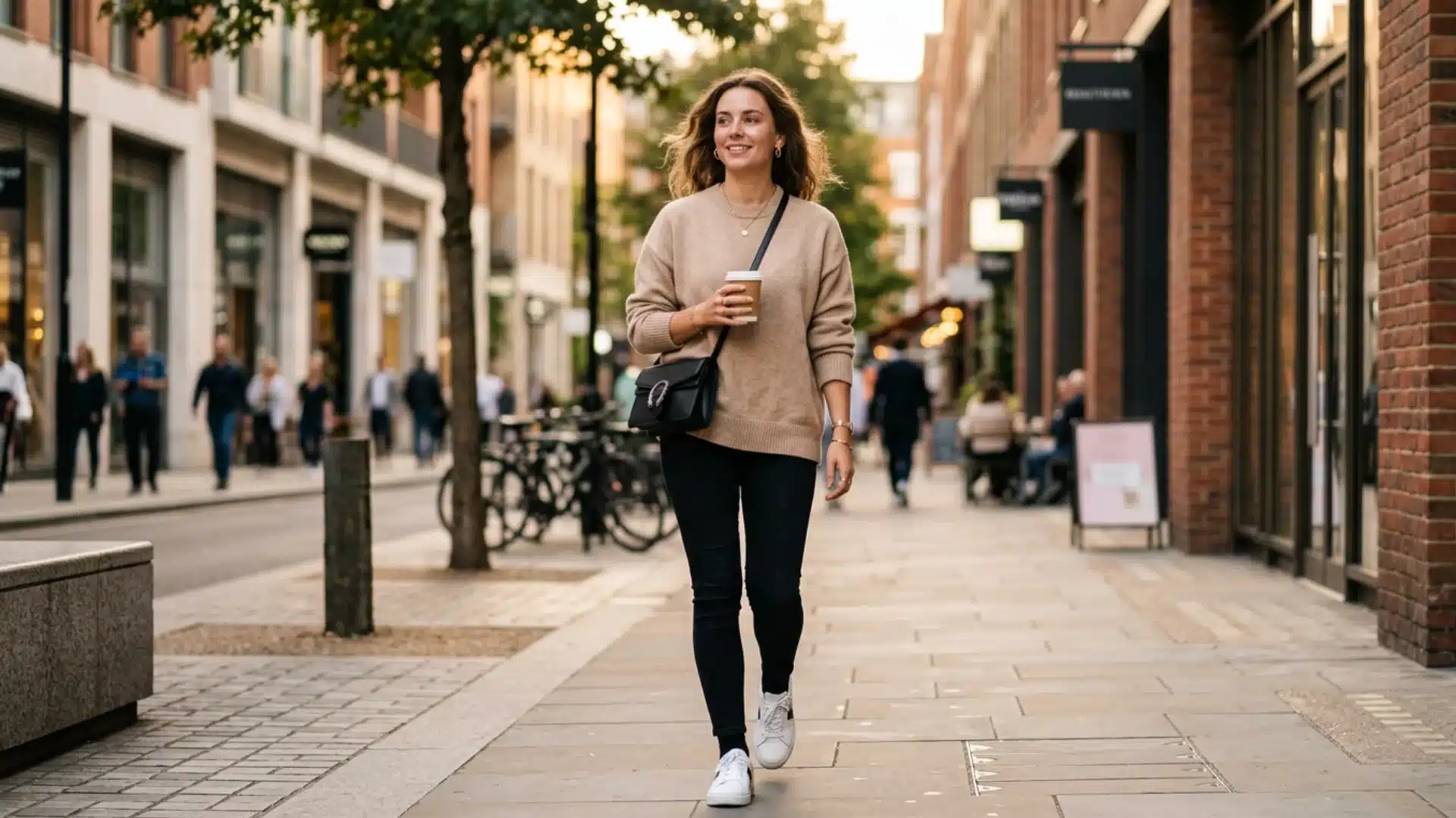 Woman in black jeggings and beige sweater walking through a city street holding a coffee cup