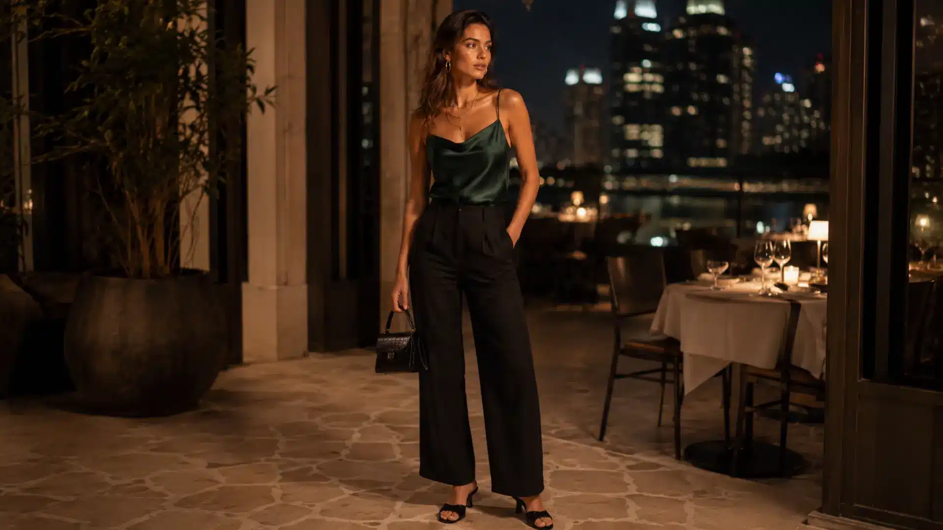 Woman in black linen pants and emerald satin camisole with gold jewelry at a nighttime restaurant